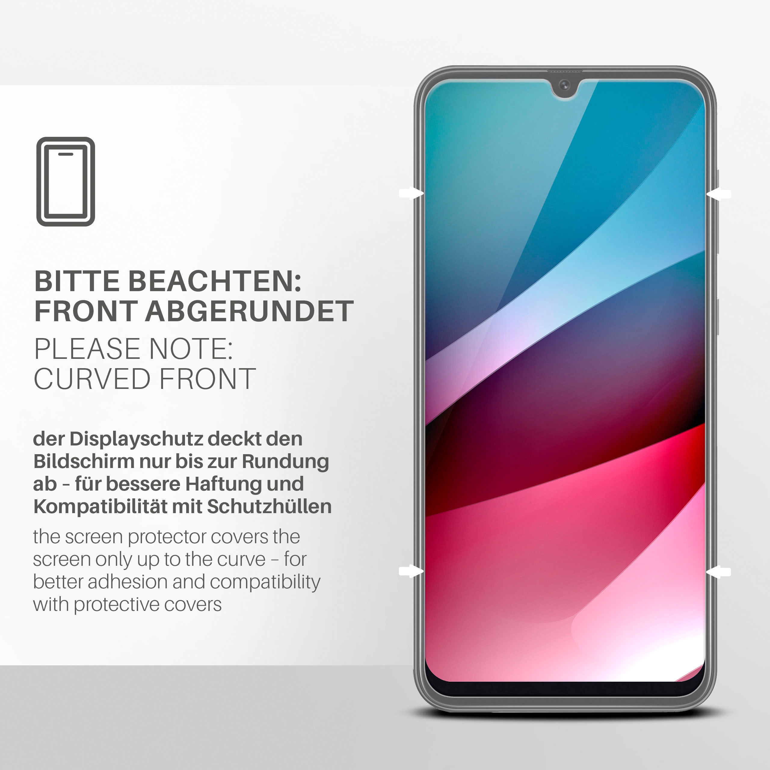 Ein Telefon mit gebogener Vorderseite, Displayschutz und Text über den Displayschutz auf weißem Untergrund.