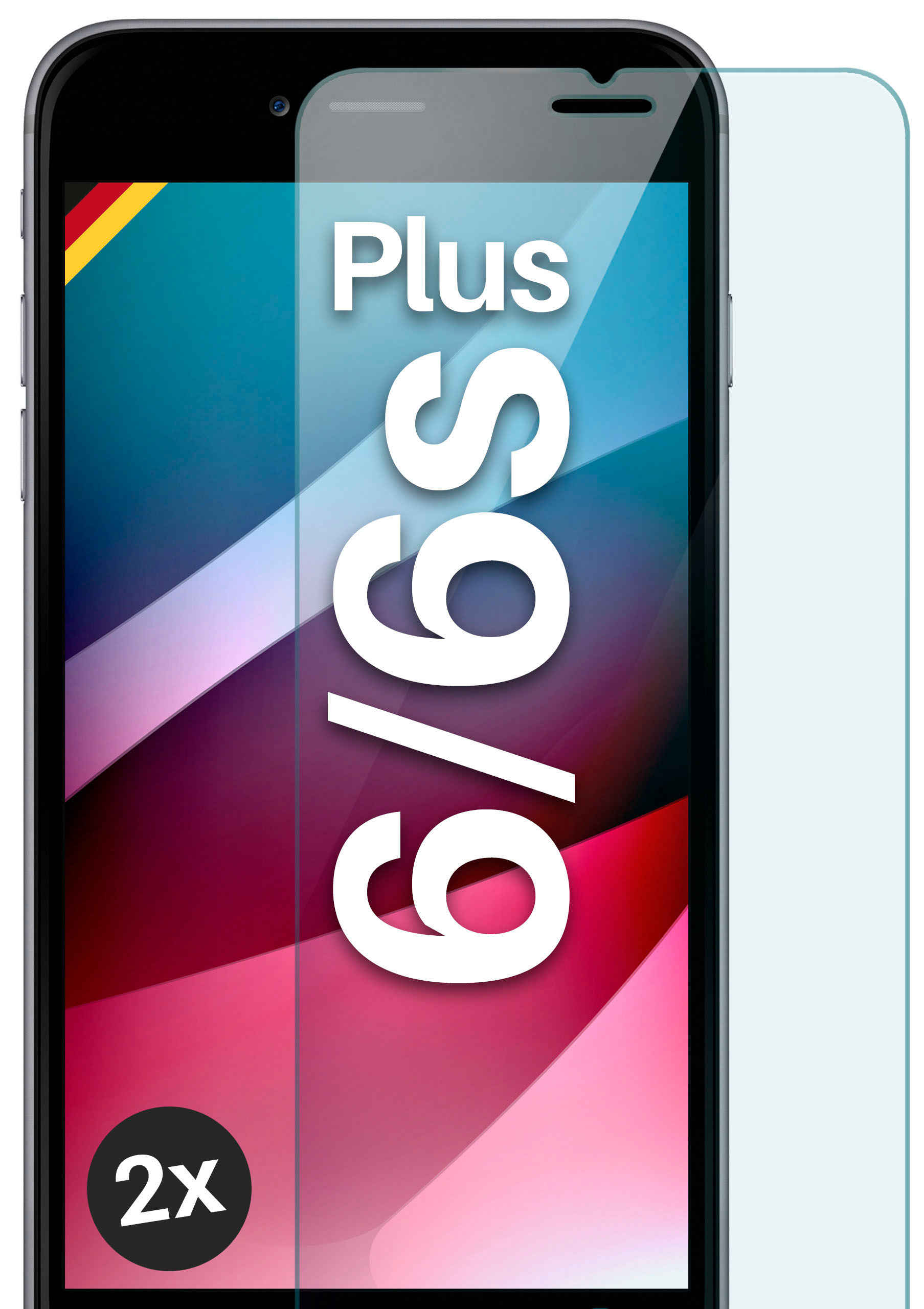 Ein Telefonbildschirm mit Displayschutzfolie, das Telefon zeigt 'Plus 6/6s' und einen 2x-Aufkleber.