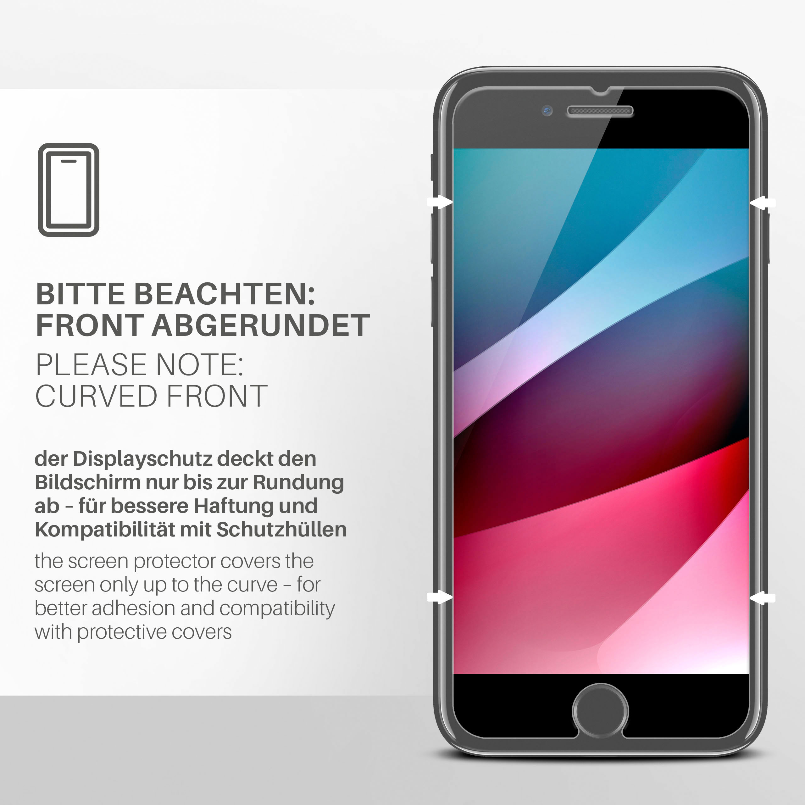 Displayschutzfolie auf einem Telefon, der Bildschirm ist abgerundet. Text: 'BITTE BEACHTEN: FRONT ABGERUNDET'.