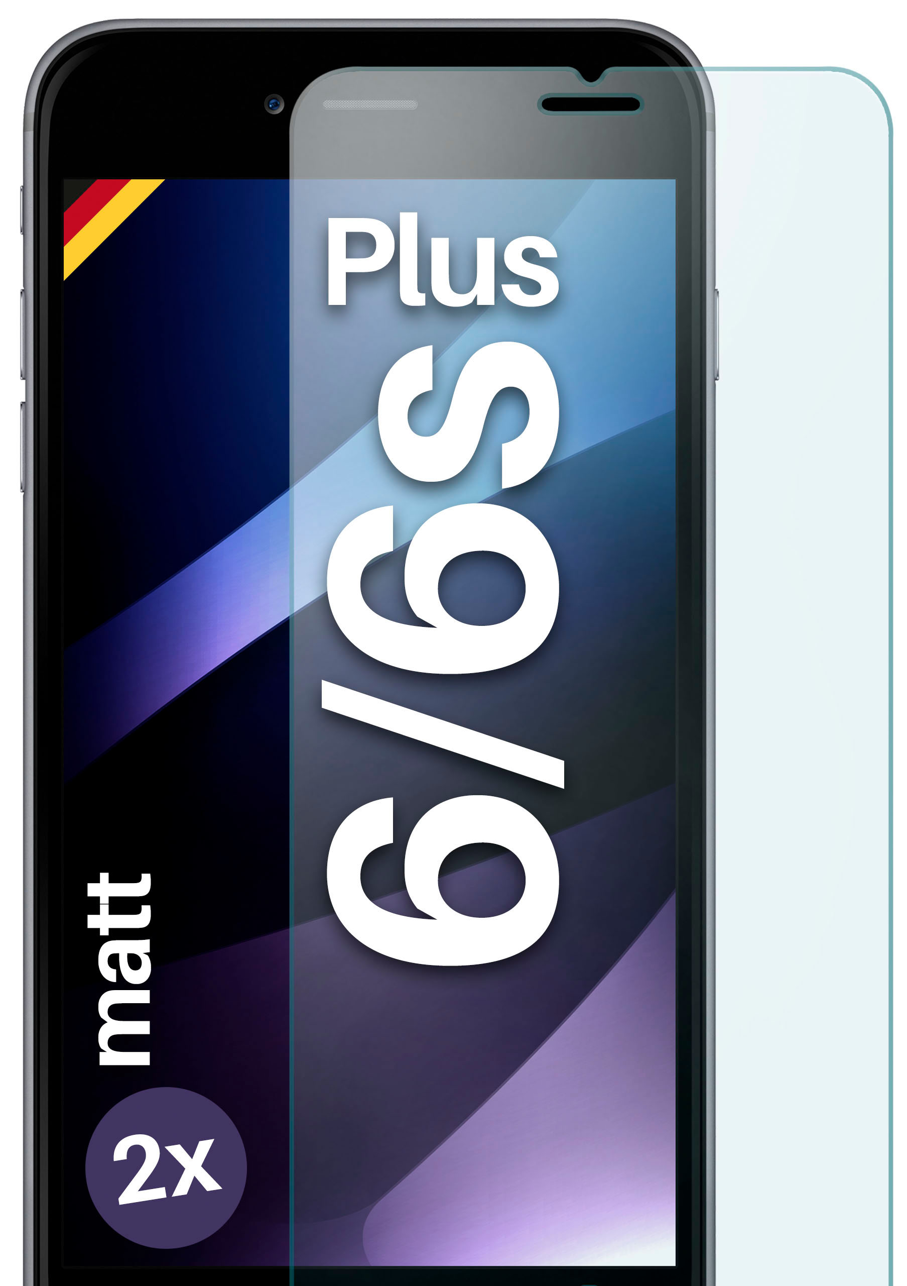 Displayschutzfolie auf Telefon, mit '6/6s Plus' und 'matt' Etiketten.