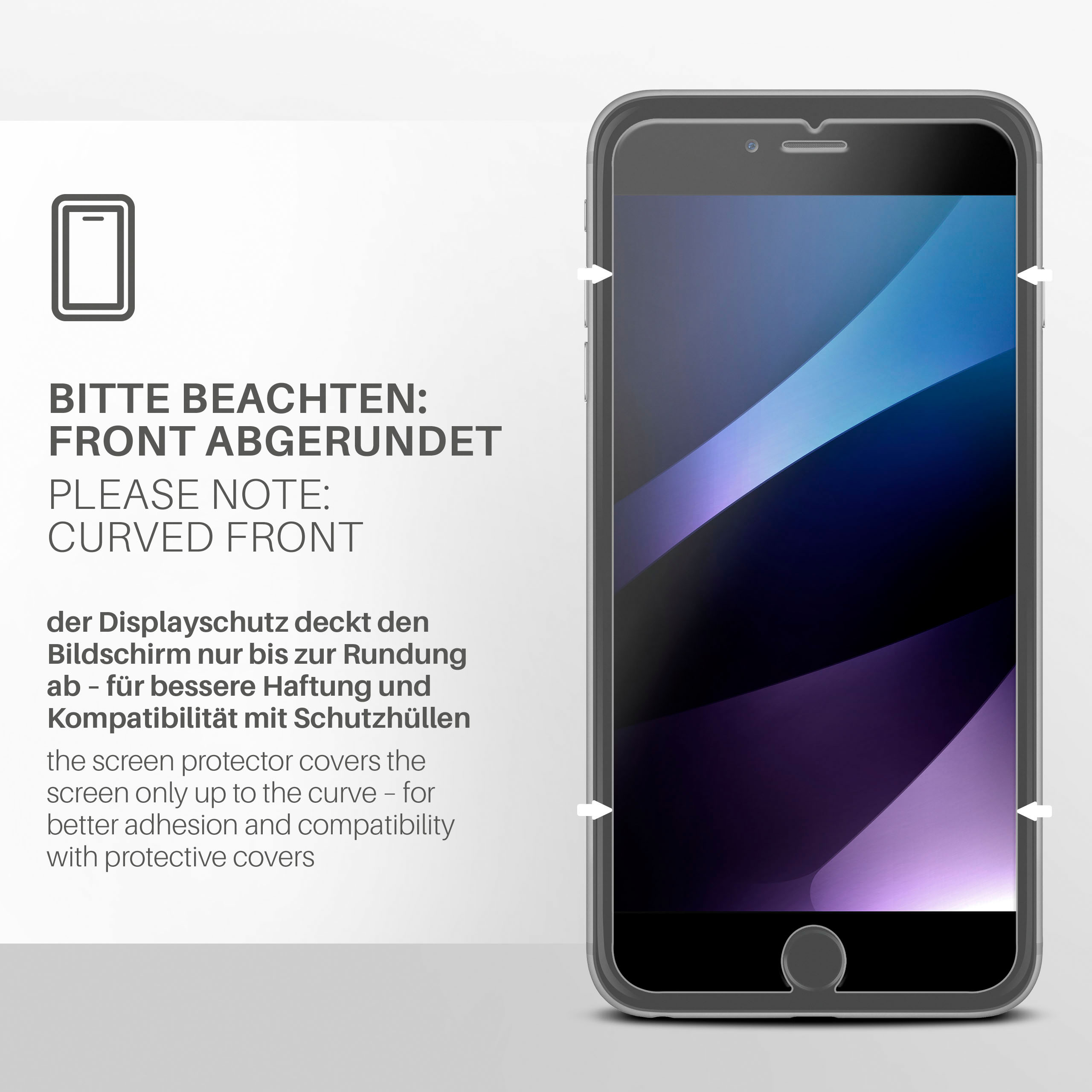 Smartphone mit gewölbtem Displayschutz. Text: 'Curved Front'.