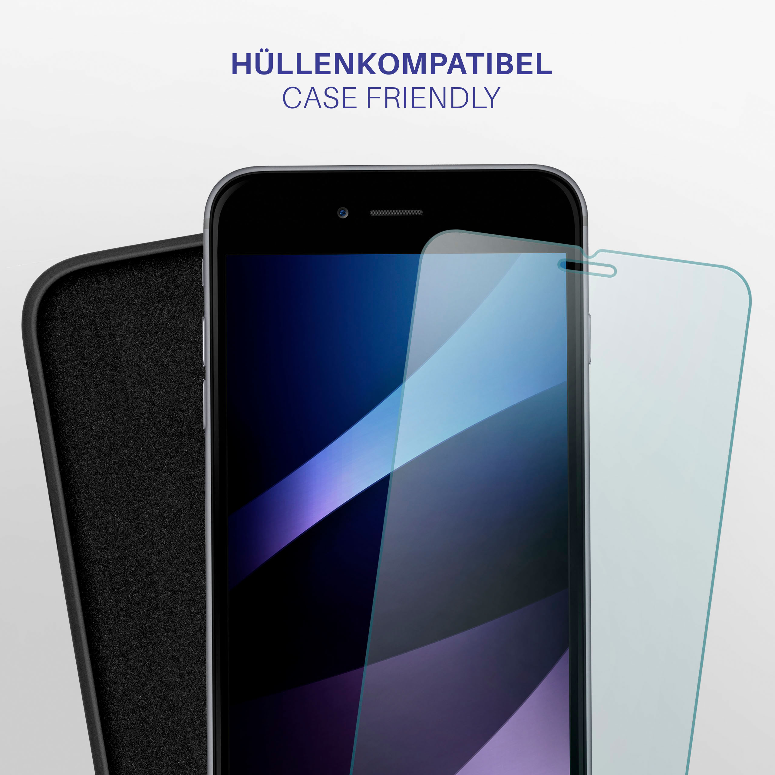 Telefon mit Displayschutzfolie und Hülle. Hülle ist schwarz, Displayschutzfolie ist klar.