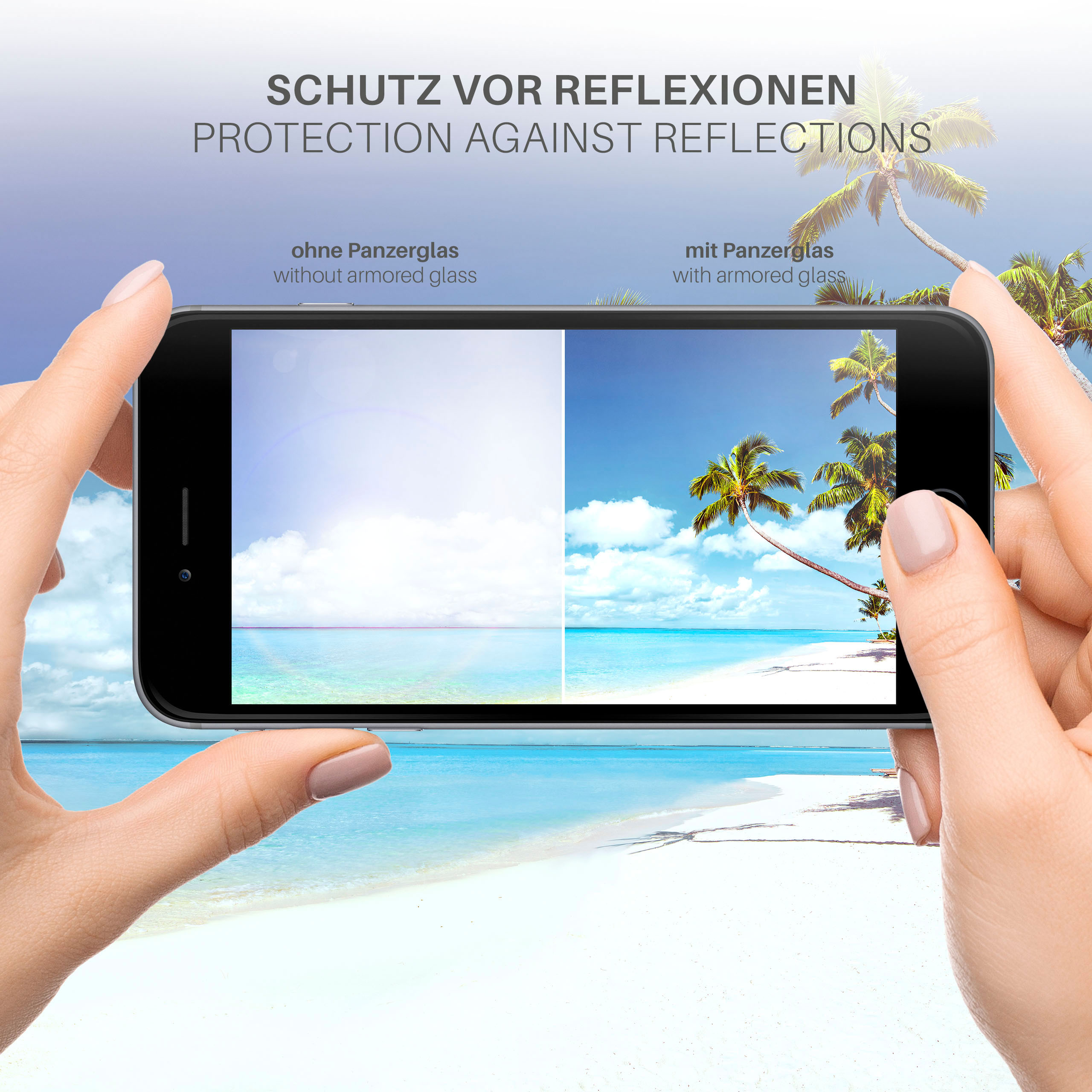 Hände halten ein Telefon, das eine Strandszene zeigt. Text sagt: 'Schutz vor Reflexionen' auf Deutsch und Englisch.