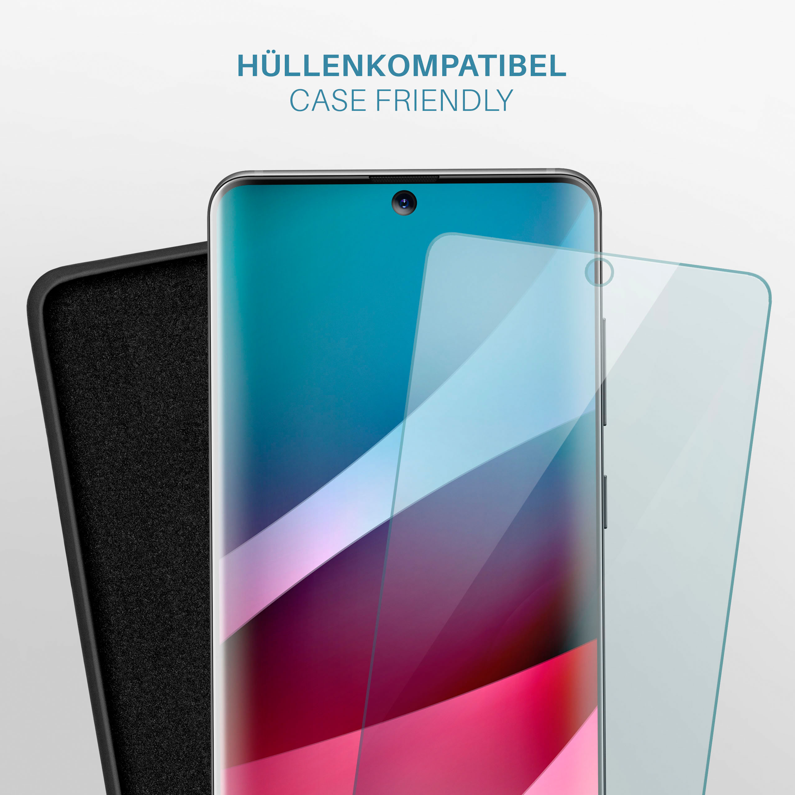 Smartphone mit Displayschutzfolie und schwarzer Hülle. Der Bildschirm zeigt eine saubere Anzeige.