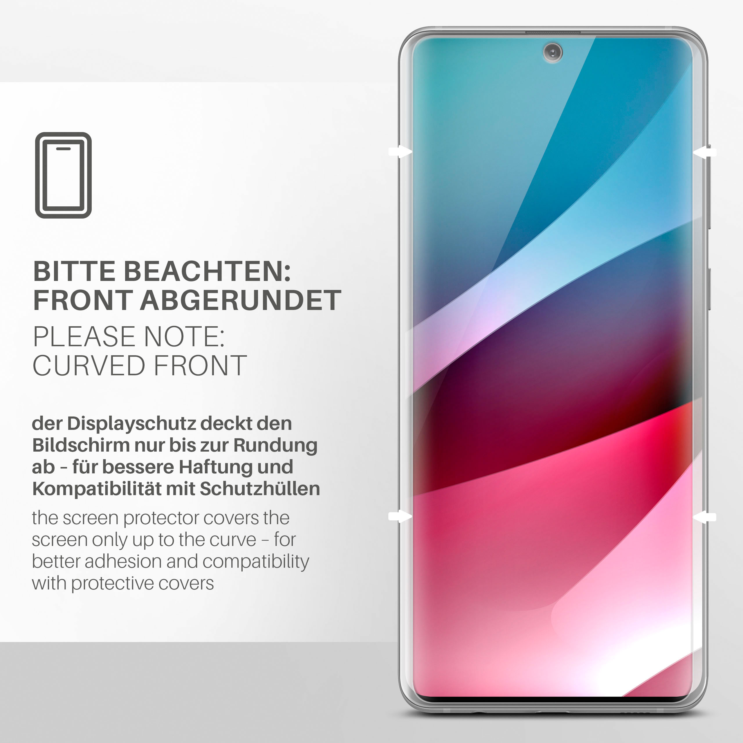 Ein Handy-Displayschutz mit abgerundeter Front. Der Schutz bedeckt das Display bis zur Rundung.
