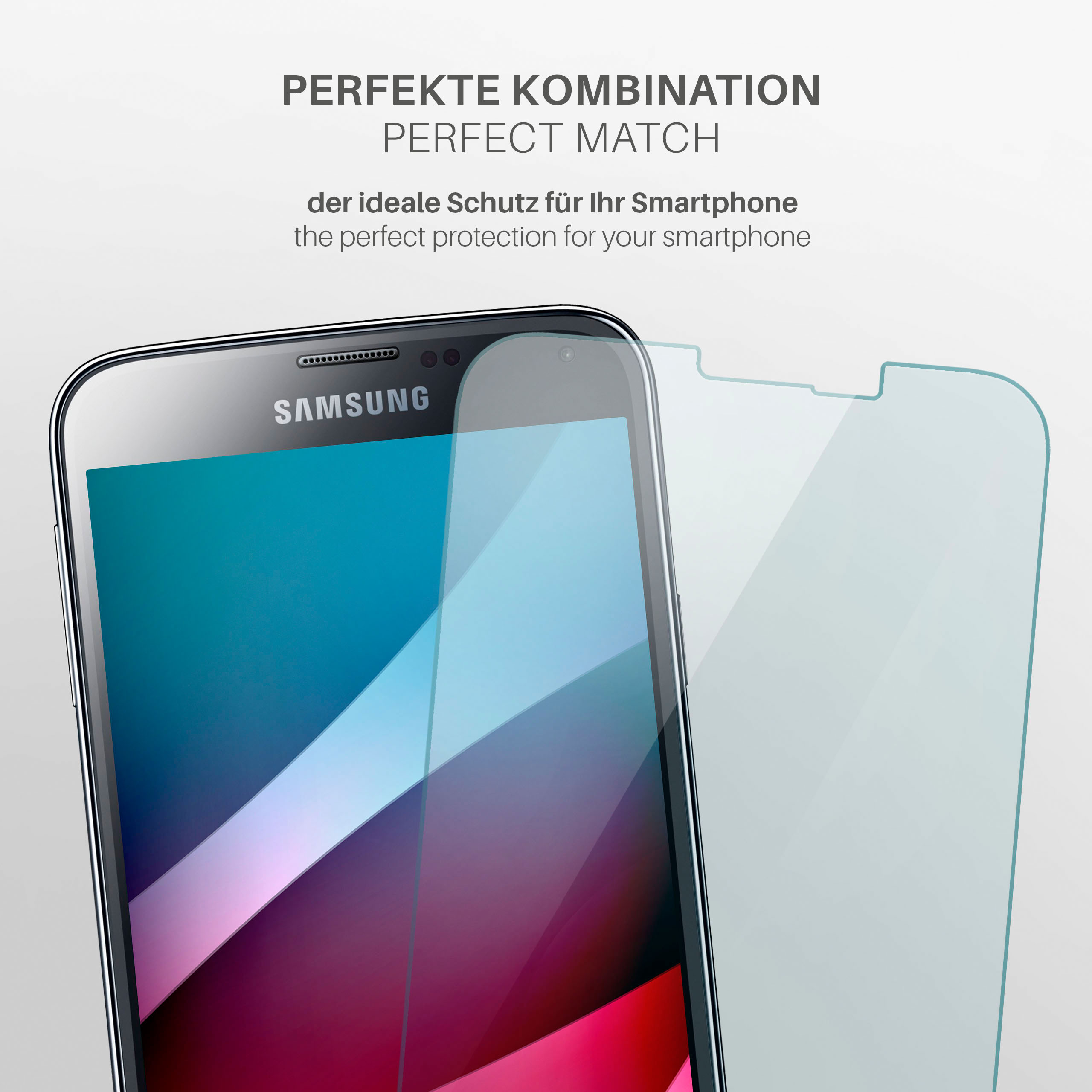 Smartphone mit Displayschutz. Das Telefon ist weiß, daneben ein klarer Schutz.