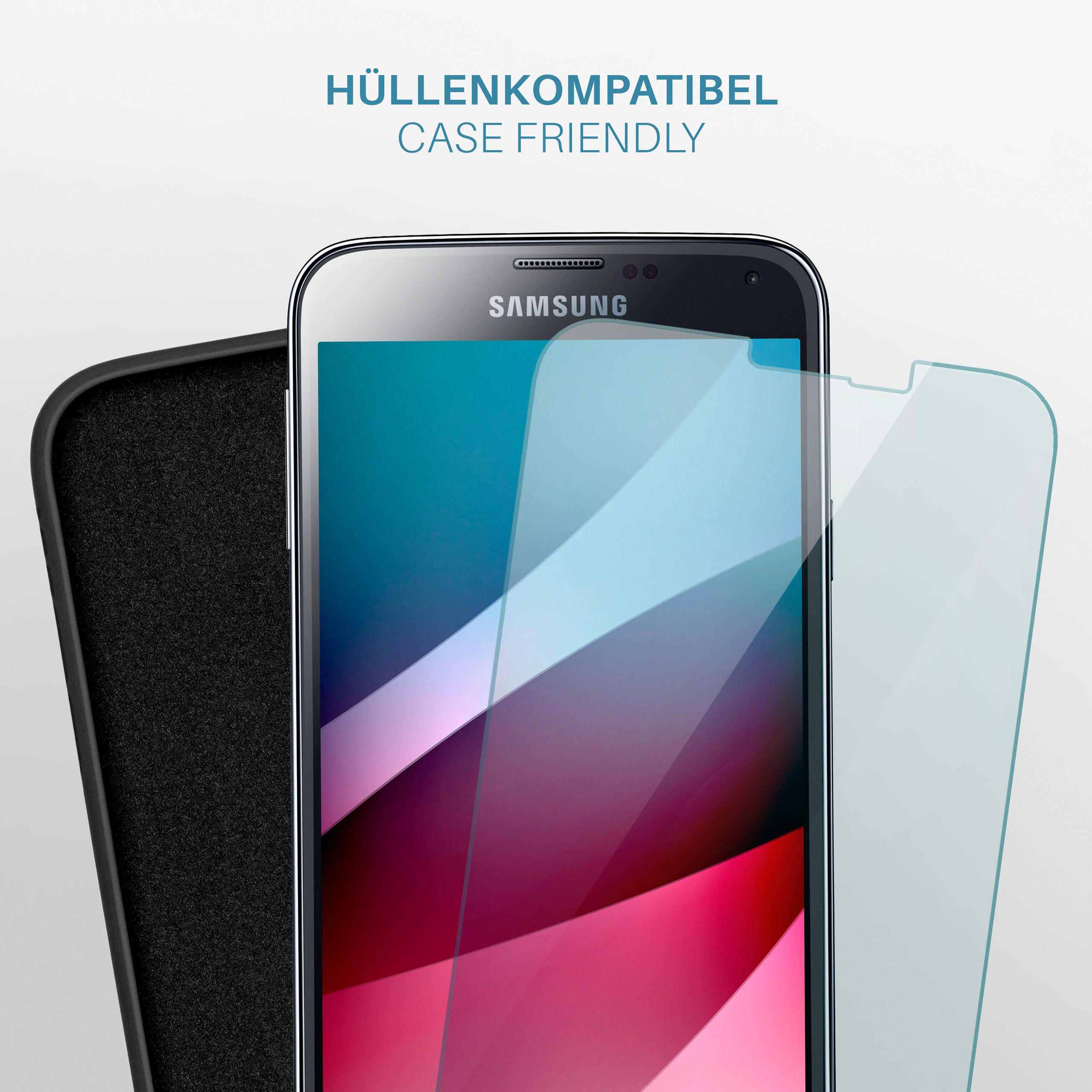 Ein Telefon mit Displayschutzfolie liegt neben einer schwarzen Handyhülle.