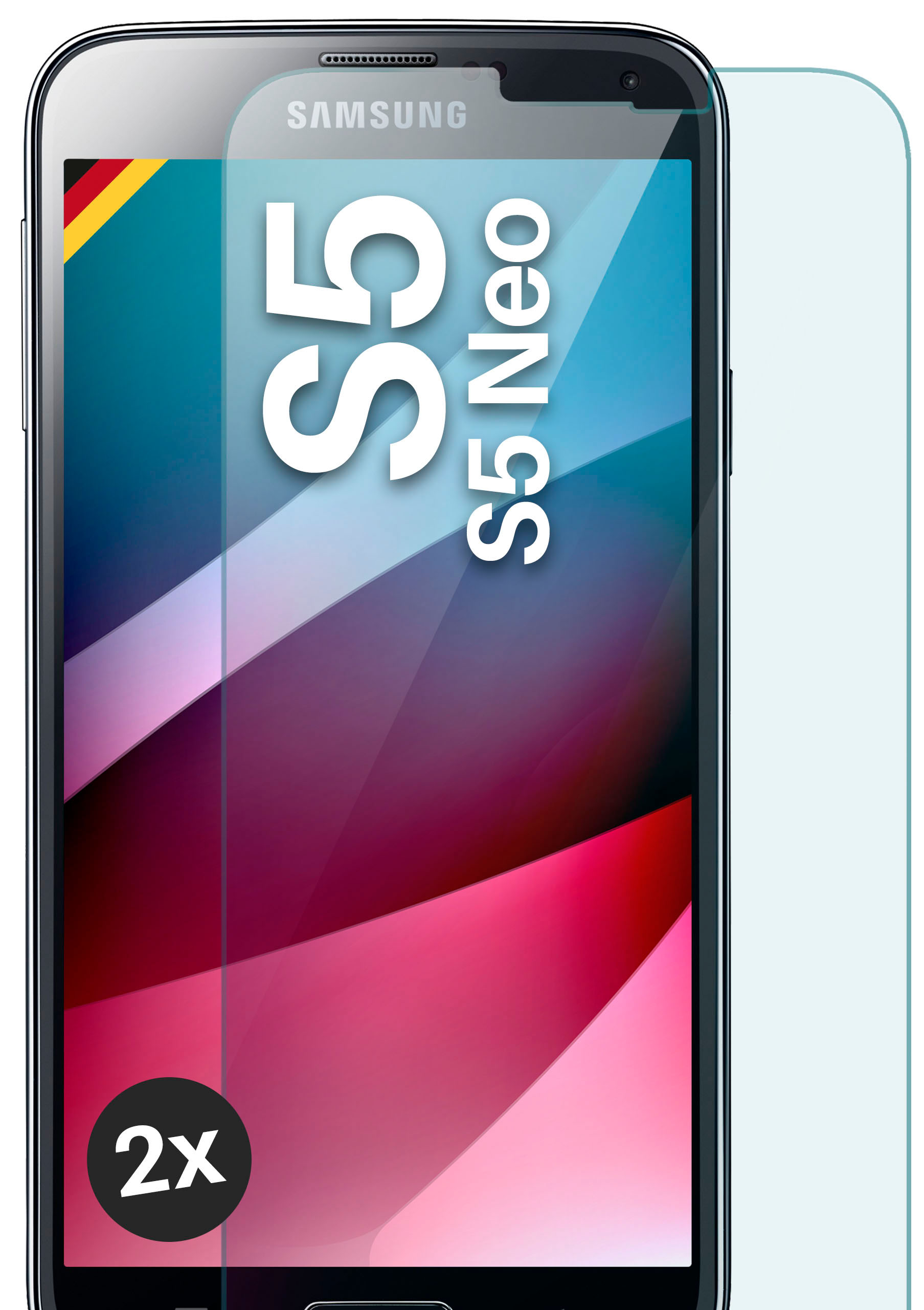 Ein Telefon mit dem Text S5 Neo. Auf der rechten Seite ist eine Displayschutzfolie angebracht.