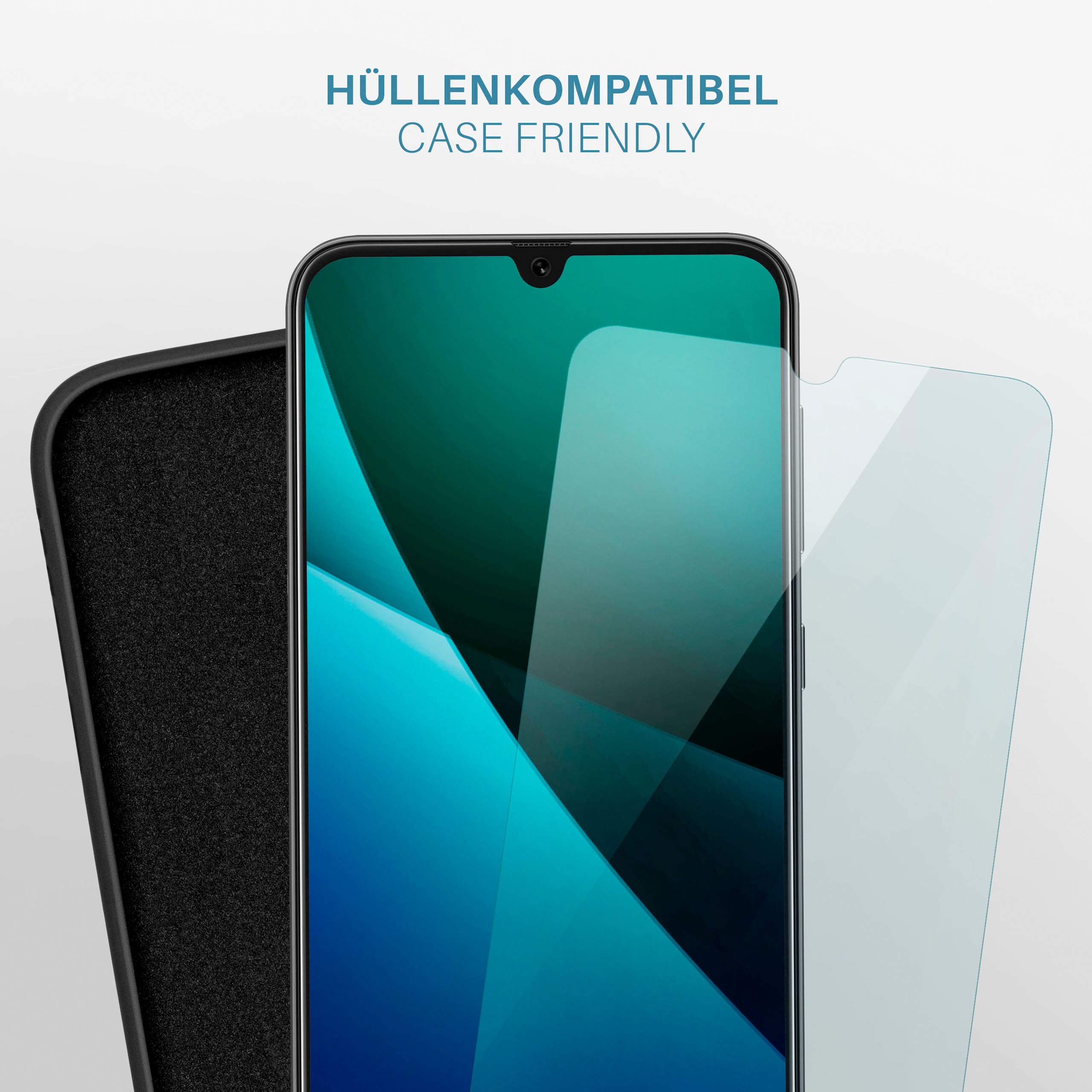 Ein Telefon, Displayschutz und Hülle werden angezeigt. Text sagt "Case Friendly".