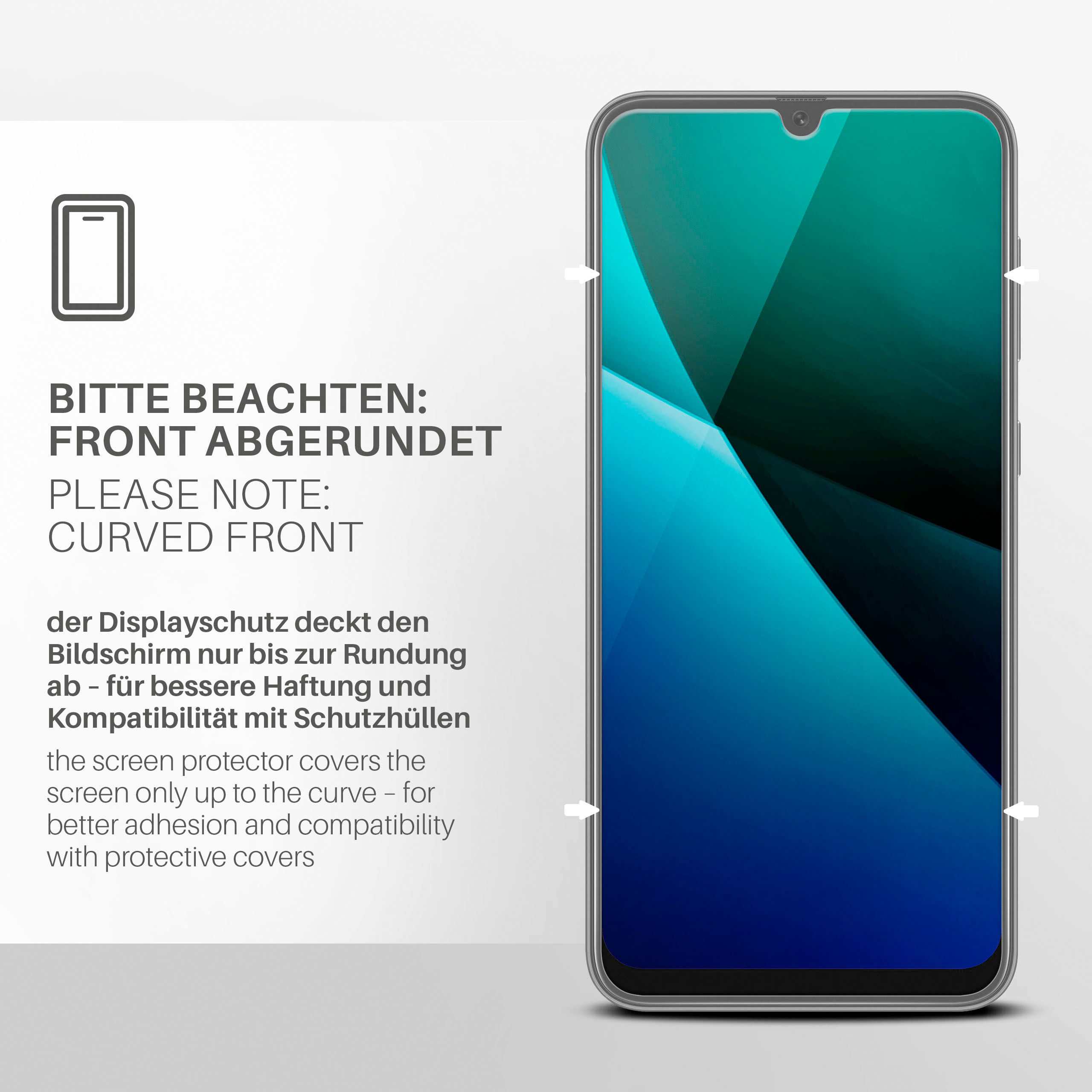 Ein Smartphone-Bildschirm mit angebrachtem Displayschutz. Text weist auf eine gekrümmte Front hin.