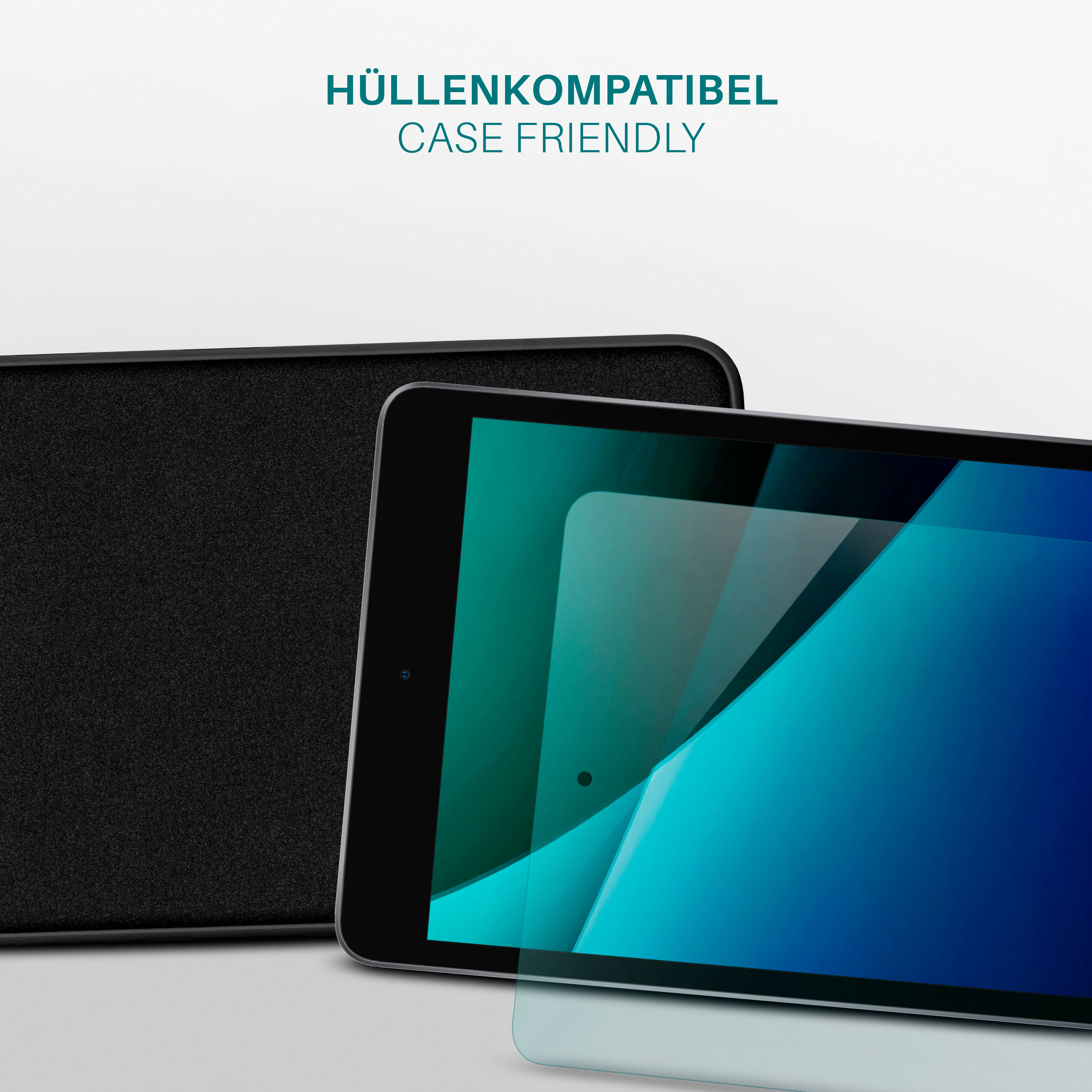 Tablet mit Hülle, zeigt einen blau-grünen Bildschirm.