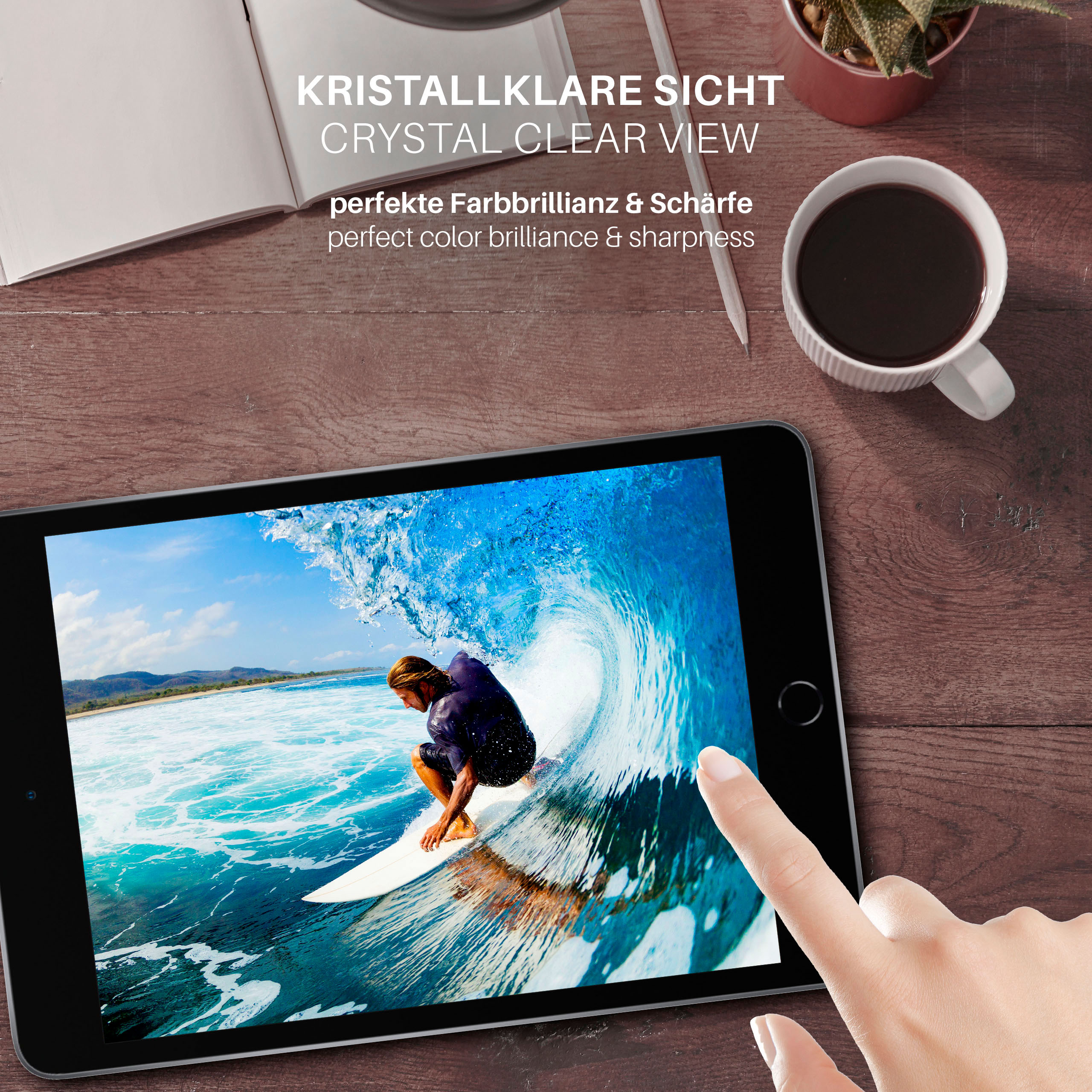Tablet, der einen Surfer auf einer Welle zeigt. Text: Kristallklare Sicht, Perfekte Farbrillanz.