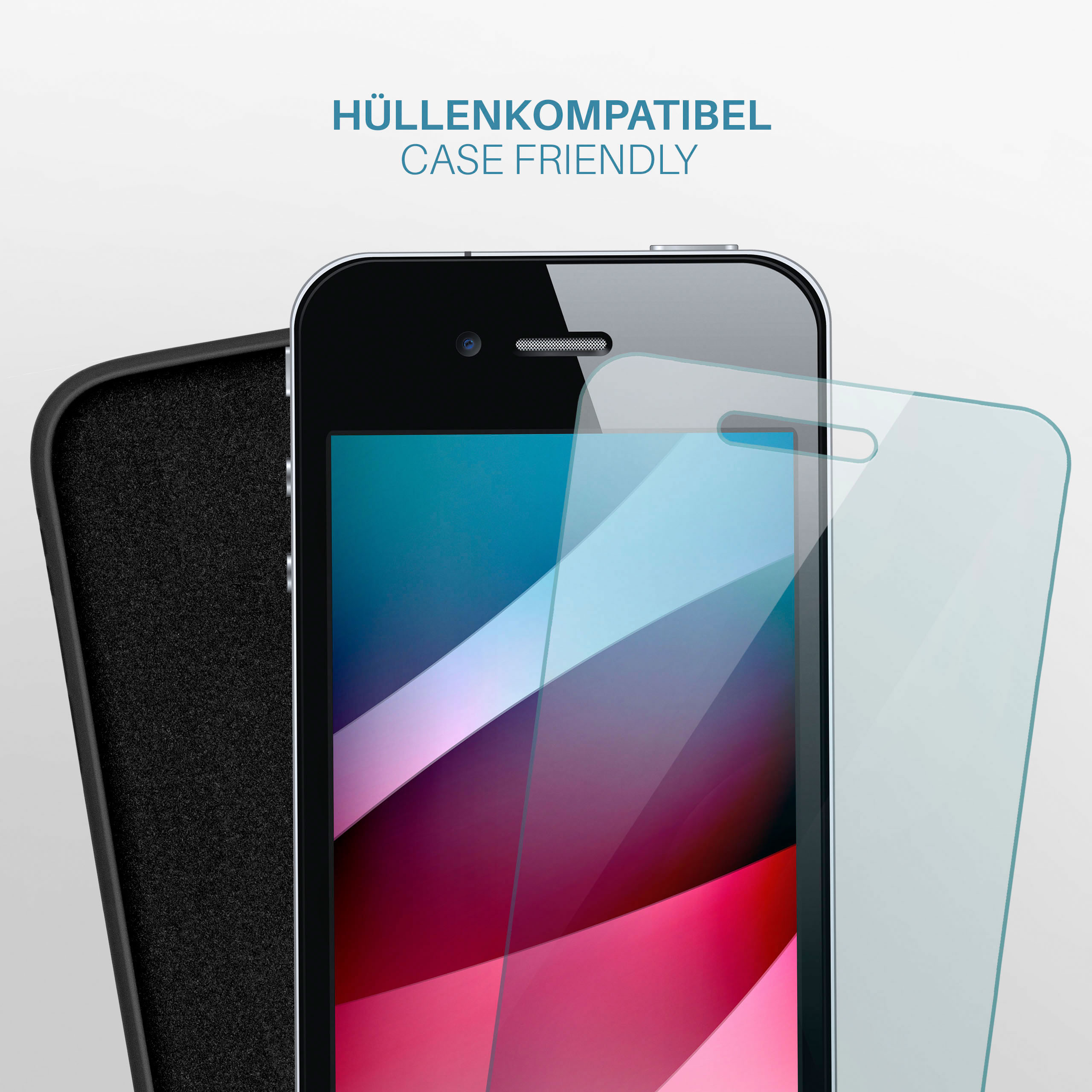 Ein Telefon mit angebrachtem Displayschutz und einer Hülle auf der linken Seite.