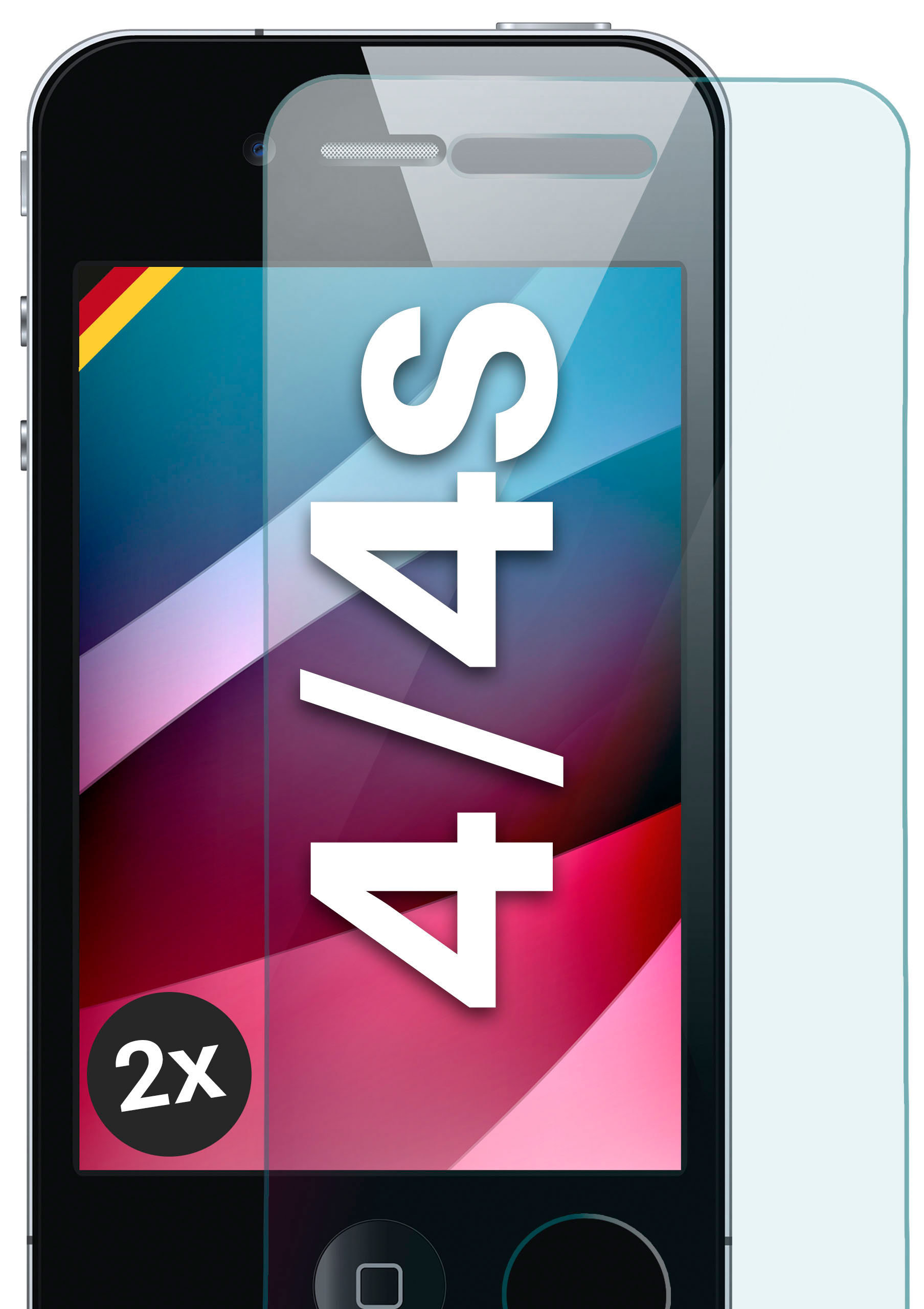 Ein Telefon mit Displayschutz. Der Bildschirm zeigt 4/4S.
