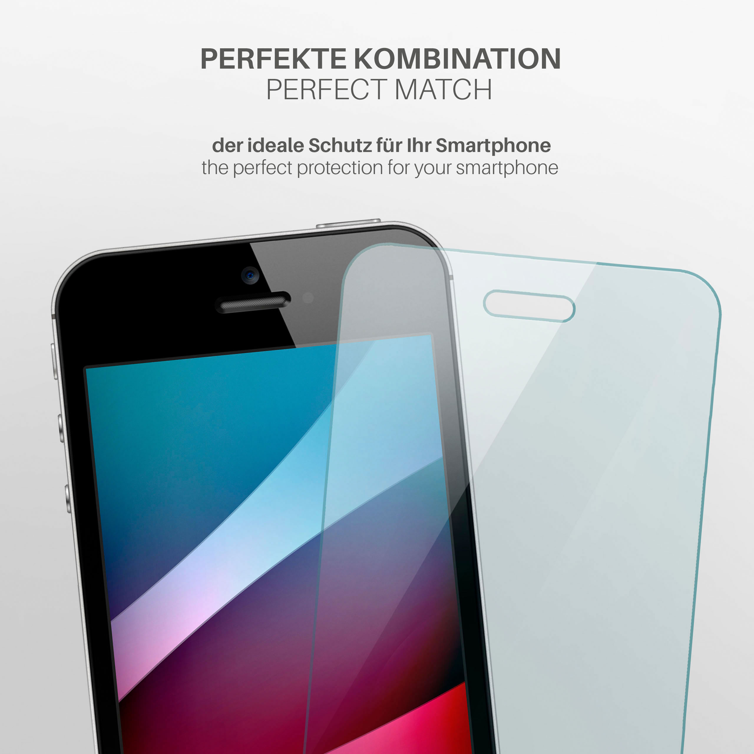 Ein Telefon mit angebrachtem Displayschutz. Der Bildschirm zeigt einen blauen Bildschirm. Text auf Deutsch: perfekter Schutz für Ihr Smartphone.