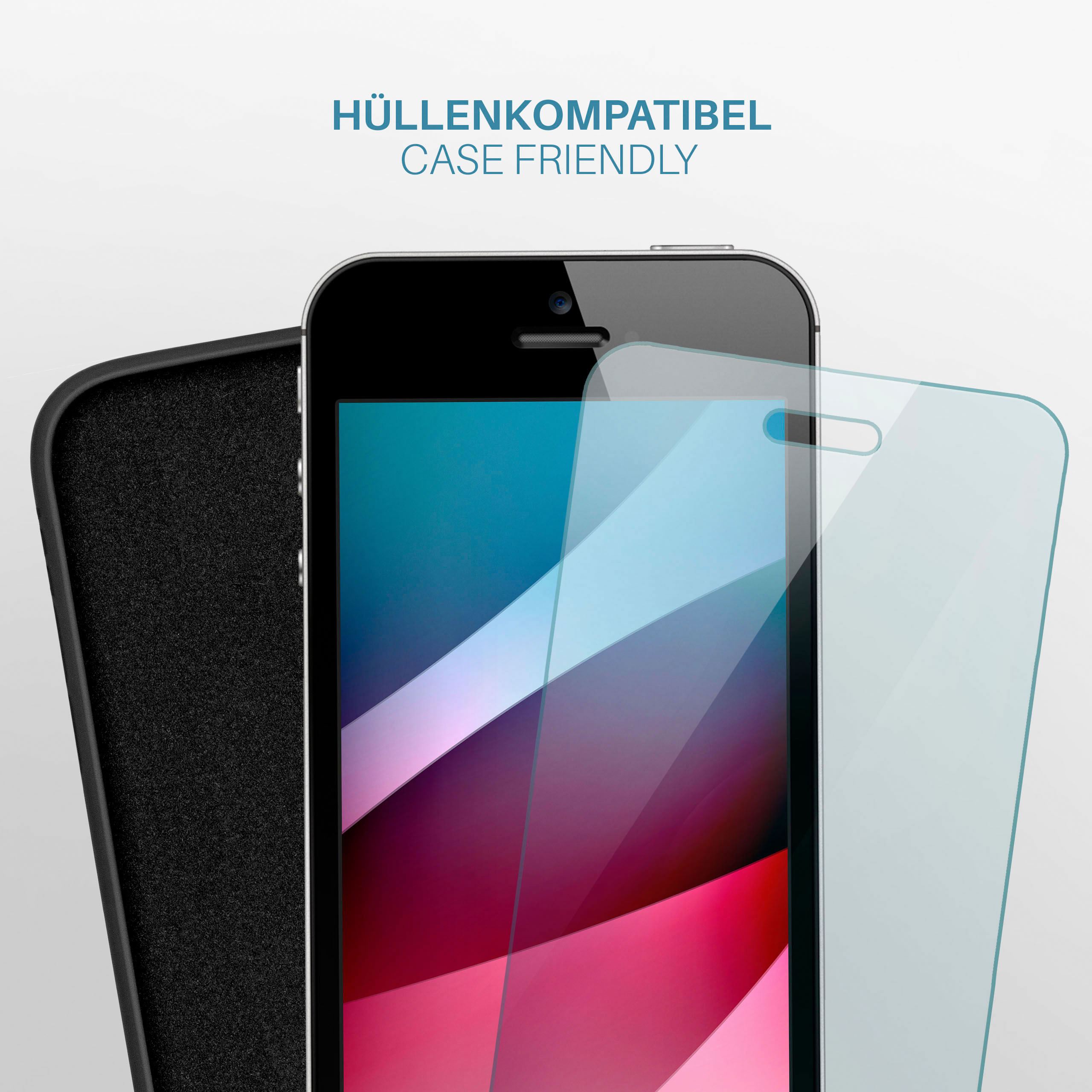 Telefon mit Displayschutz, Hülle und Text „Case Friendly“. Der Hintergrund ist weiß.