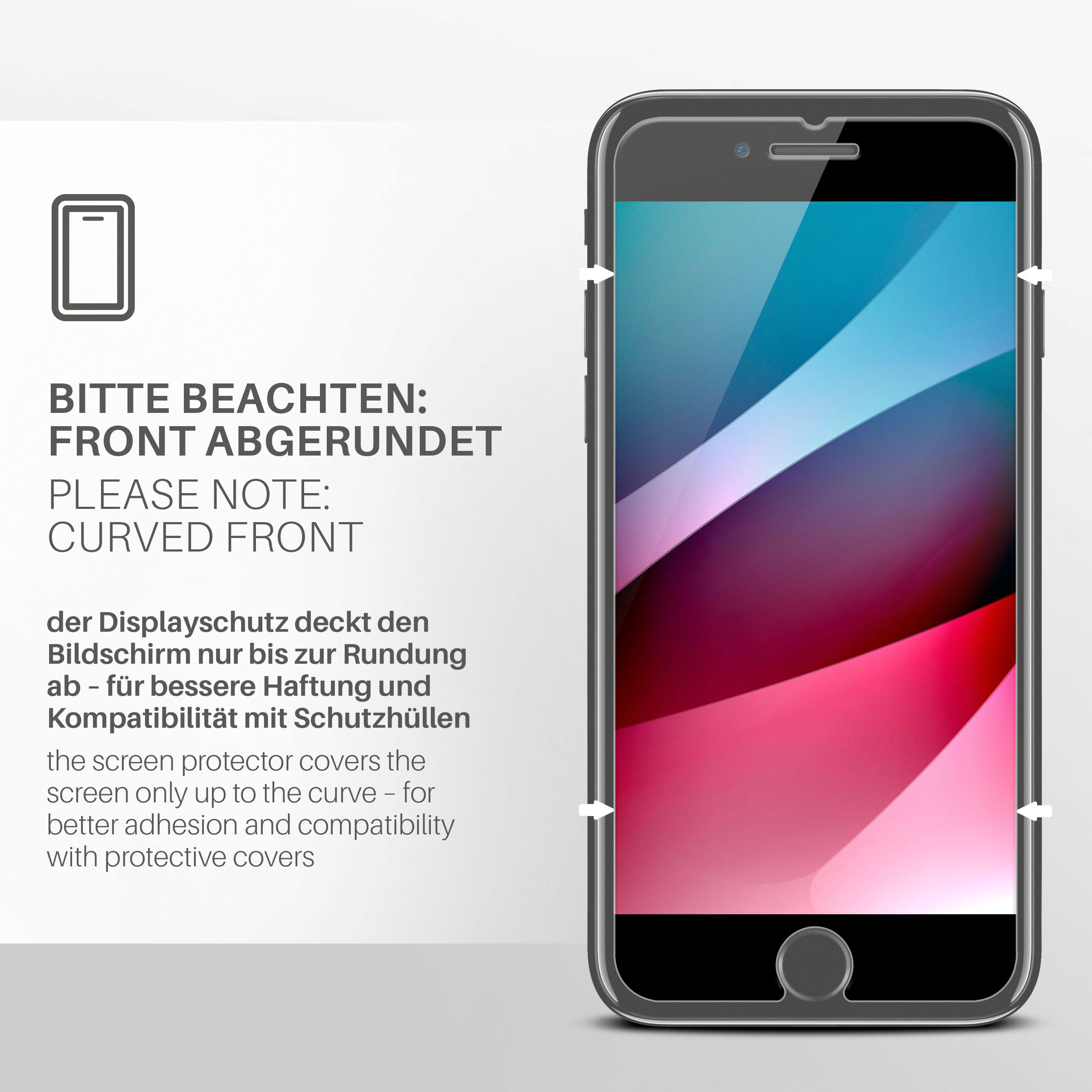 Smartphone mit gewölbtem Frontbildschirm und aufgebrachter Displayschutzfolie. Text auf Deutsch.