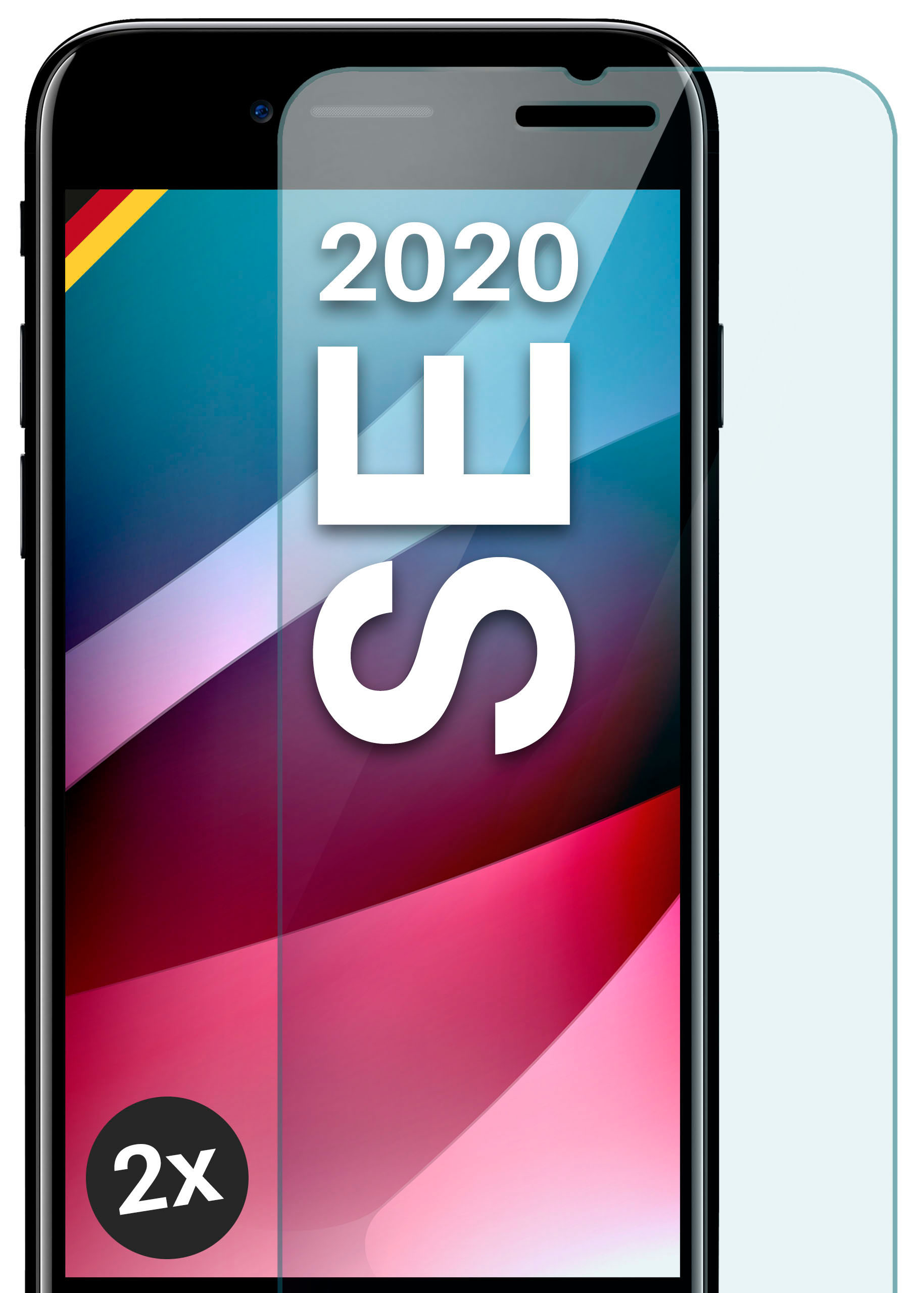 2020 SE-Telefon mit Displayschutz. Weißer Text auf dem Bildschirm. 2x Aufkleber unten links.