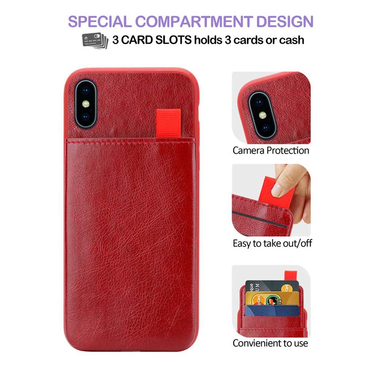 Custodia per telefono rossa con slot per schede e cinturino rosso, protezione della fotocamera e facile accesso alle schede.