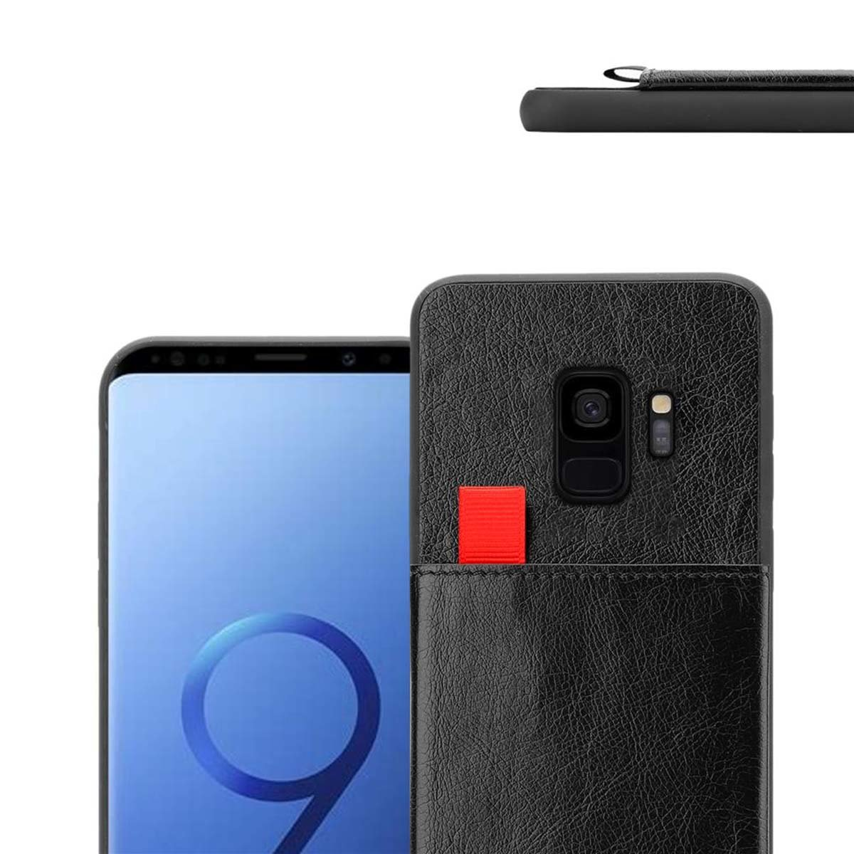 Telefono in custodia nera con cinturino rosso. Il telefono mostra uno schermo. La custodia ha una tasca.