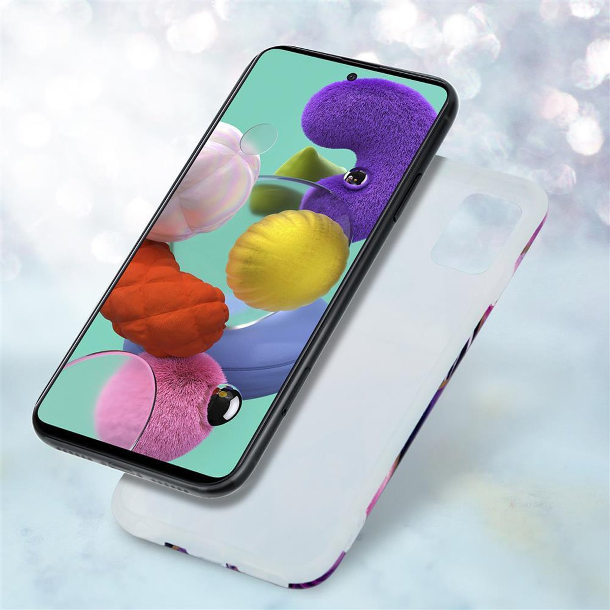 Smartphone con schermo colorato e custodia bianca.