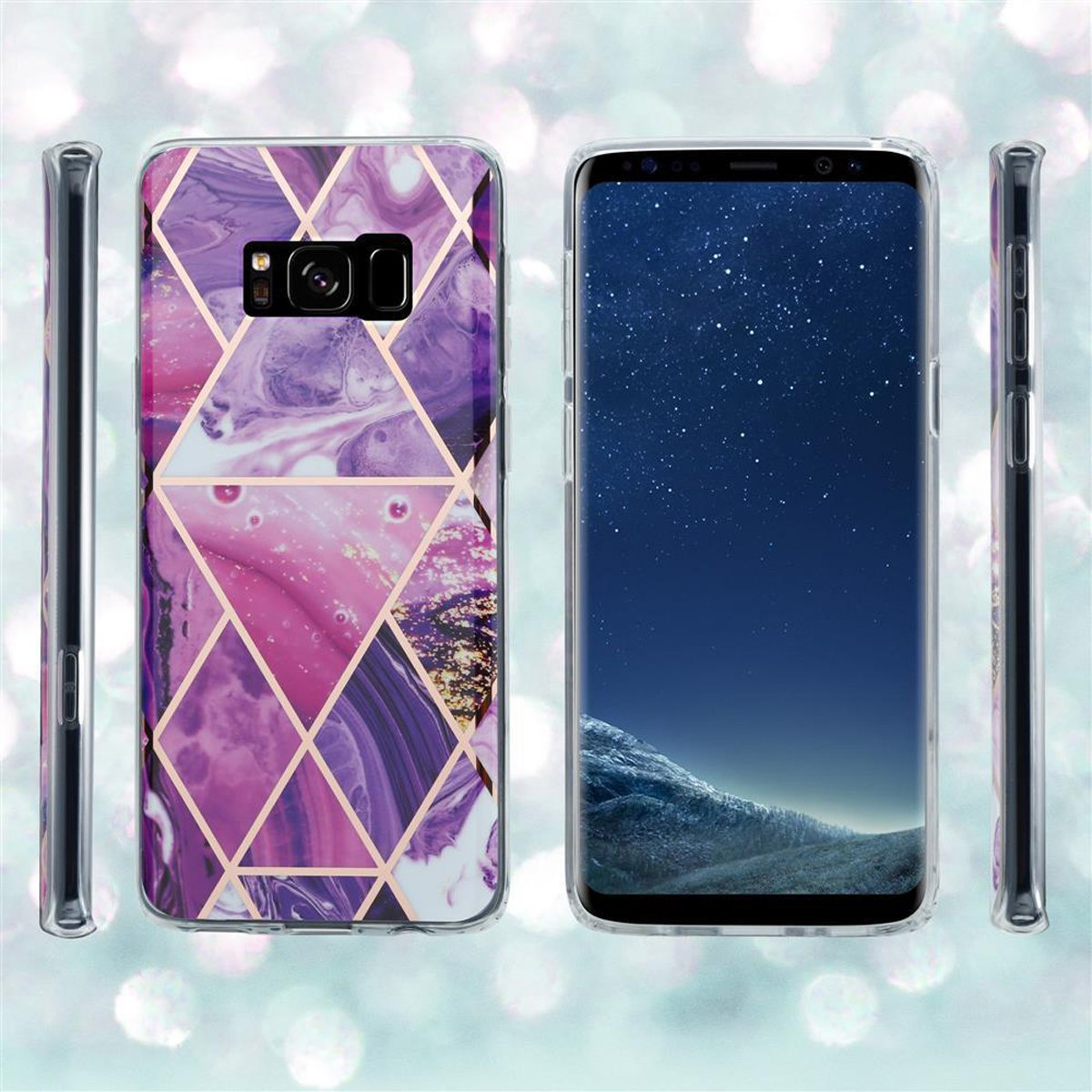 Due telefoni con custodie. Uno con motivo marmoreo, l'altro con cielo stellato. Le custodie hanno dettagli dorati.