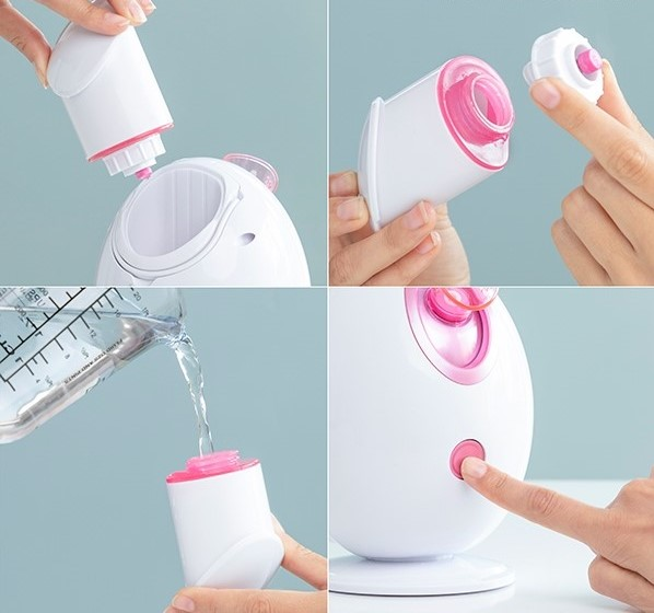 Assemblaggio del vaporizzatore facciale. Parti bianche e rosa. Passaggi: riempire d'acqua e inserire i componenti.
