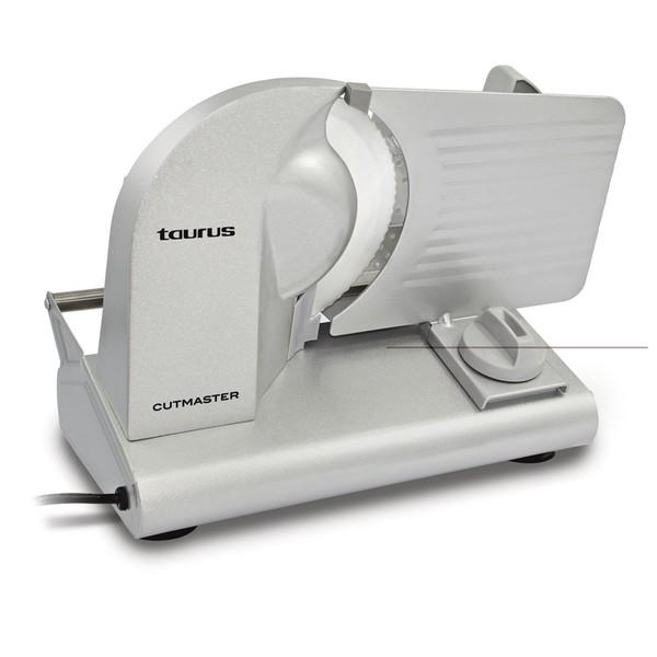 Affettatrice di carne argentata. Cutmaster. Sfondo bianco.