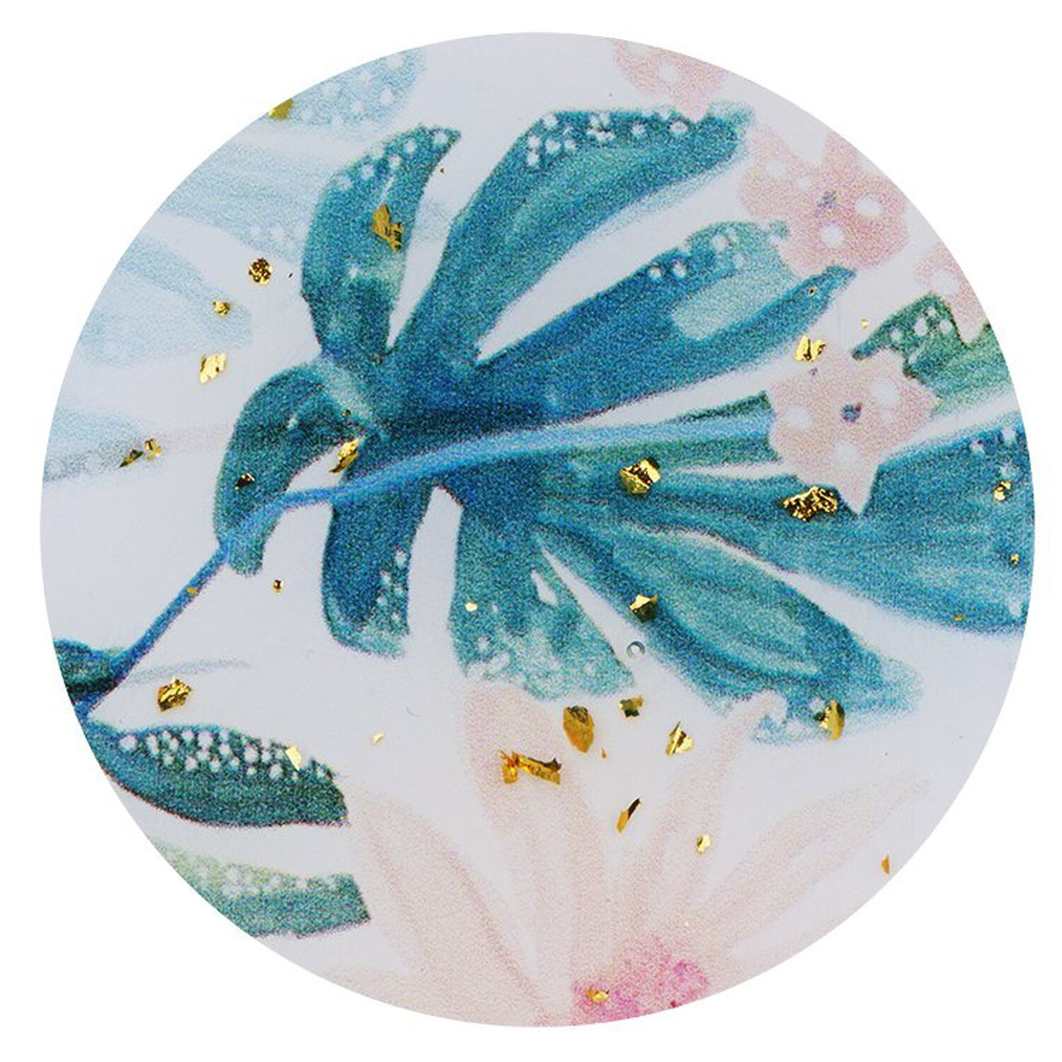 Nahaufnahme eines runden Blumendesigns mit blauen und grünen Blättern und Goldflocken.