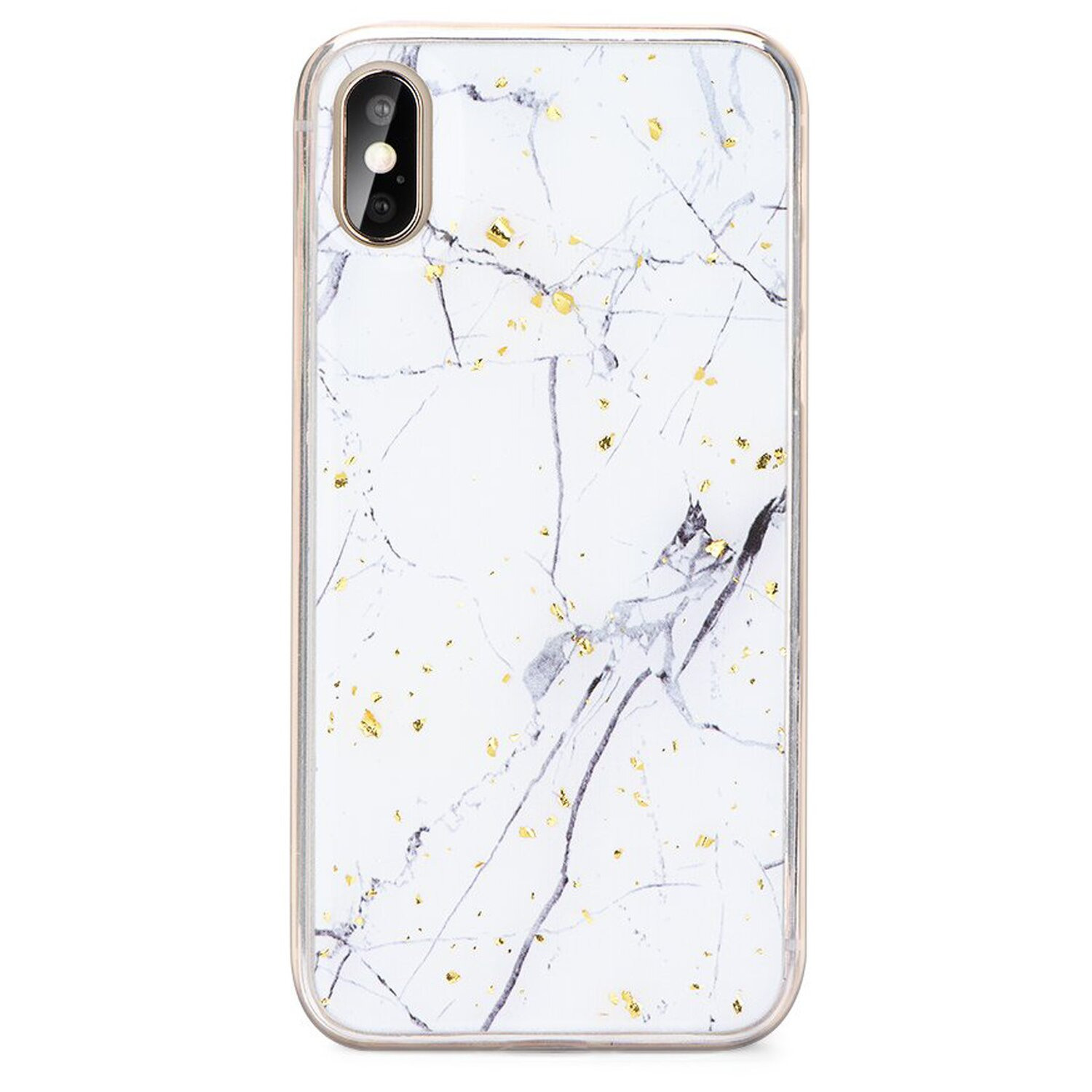 Weißes Marmor-iPhone-Case mit Goldakzenten, glasbedeckte Kamera.