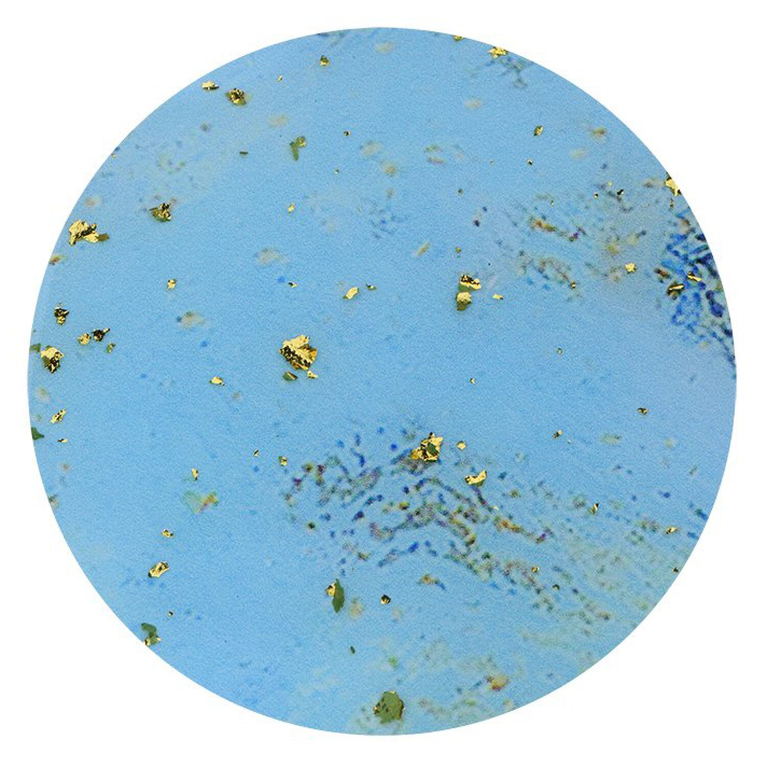 Ein blauer Kreis mit verstreuten Goldflocken, die ein strukturiertes, abstraktes Muster erzeugen.