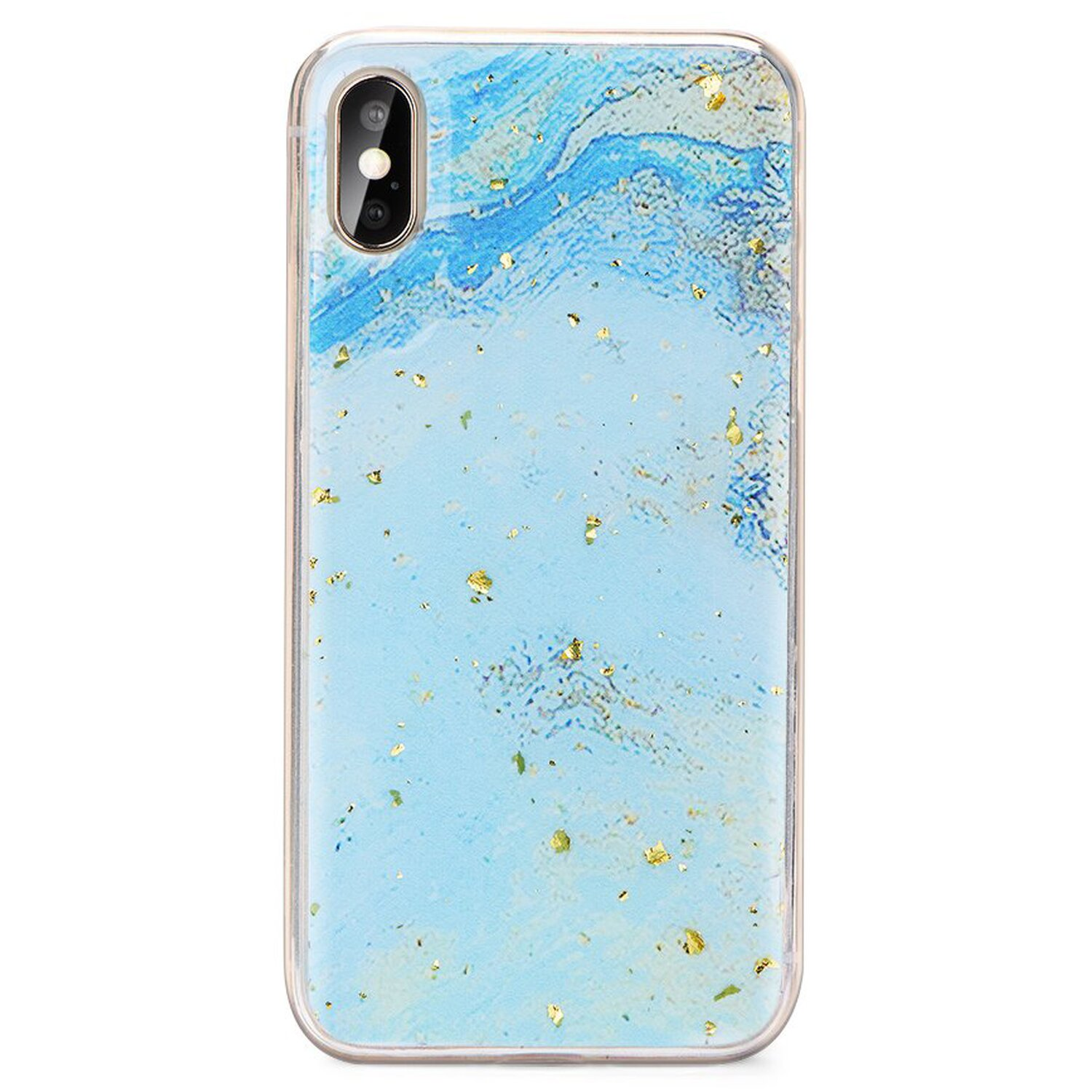 Eine Handyhülle mit blauem Marmormuster und Goldflocken. Der Hintergrund ist weiß und die Hülle ist transparent.