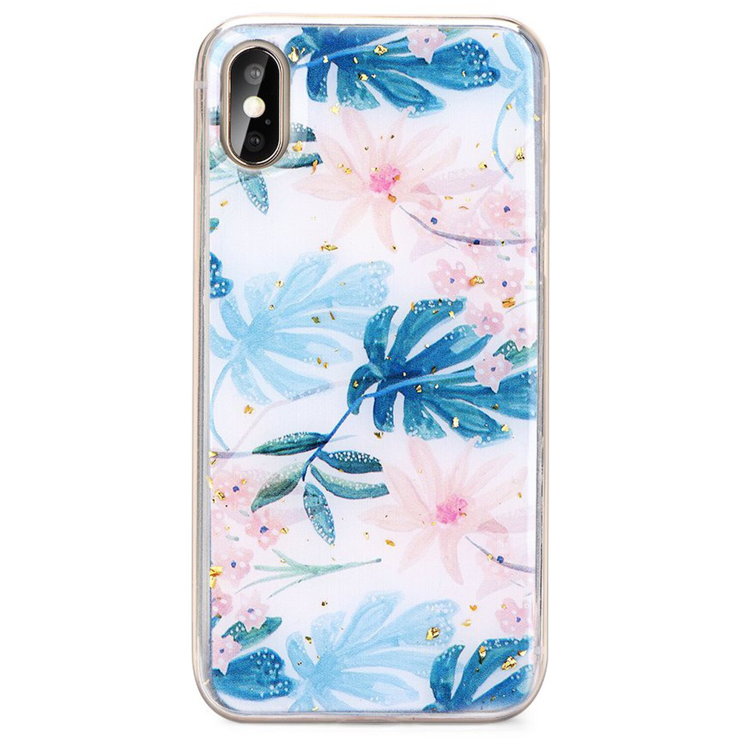 Weißes Telefoncase mit floralen Mustern in Pink, Blau und Gold. Das Telefon befindet sich im Case.
