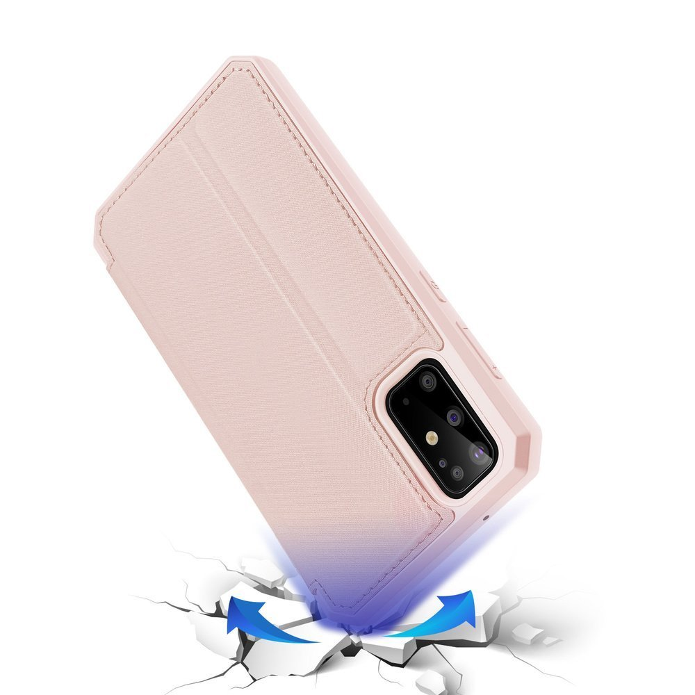 Eine pinke Handyhülle ist abgewinkelt, mit einer Aufprallgrafik. Die Kamera des Telefons ist sichtbar.