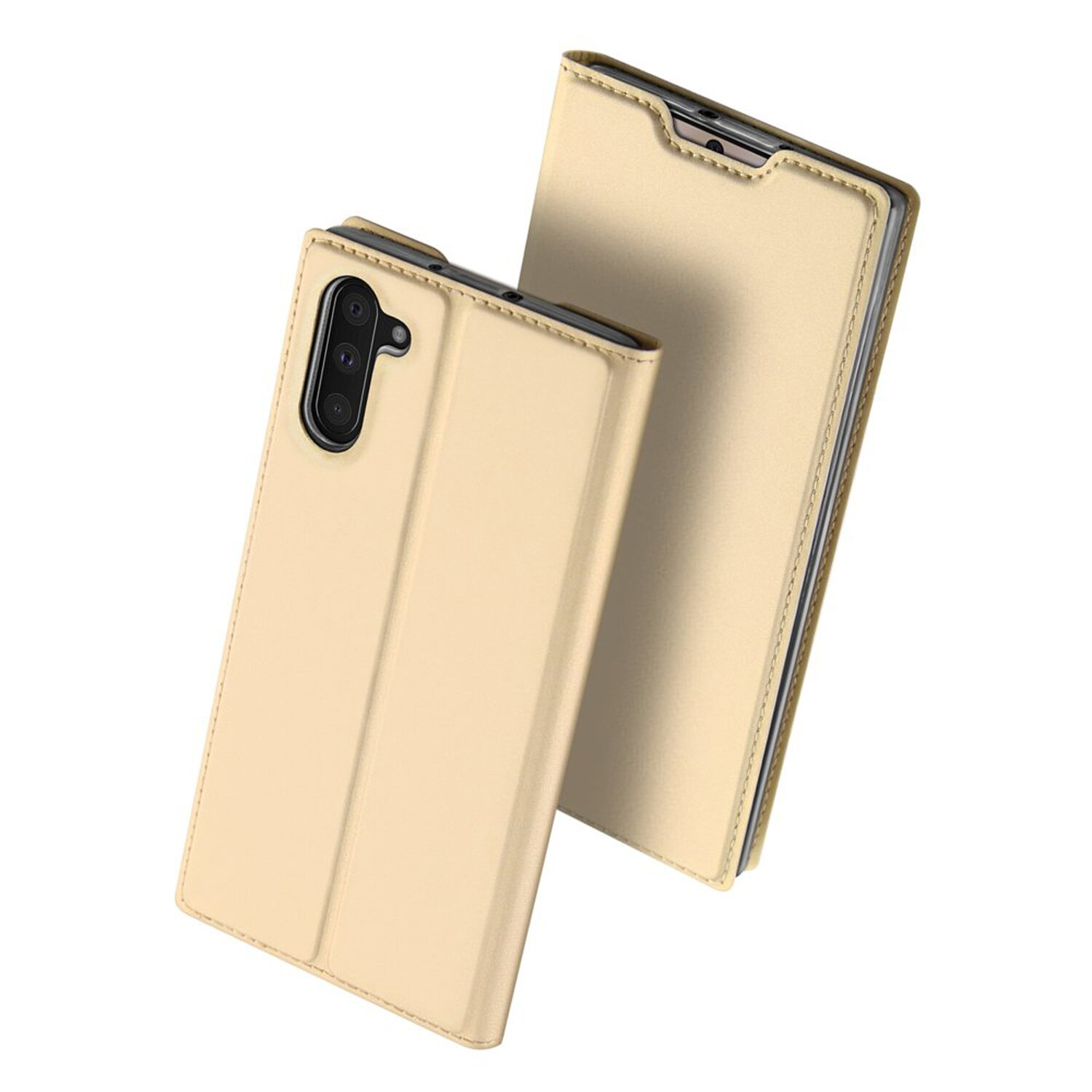 Beige Handyhülle geöffnet und geschlossen. Es schützt das Telefon. Weißer Hintergrund.