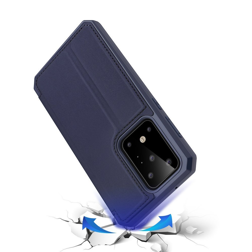 Blaue Schutzhülle für das Telefon, die fällt, mit einer darunter liegenden Rissfläche.