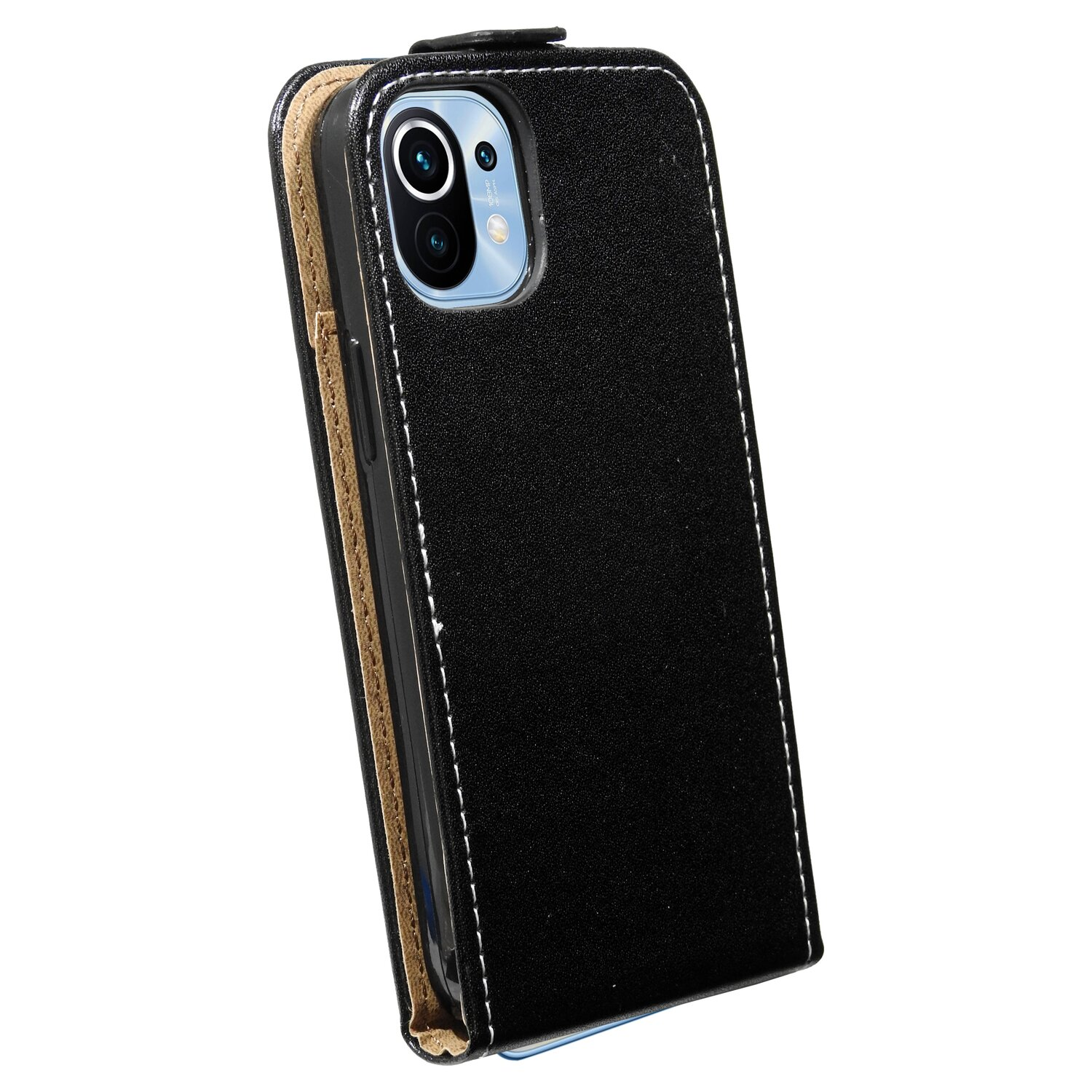 Schwarze Handyhülle mit weißen Nähten, lederartige Textur und Telefon mit Dual-Kamera.