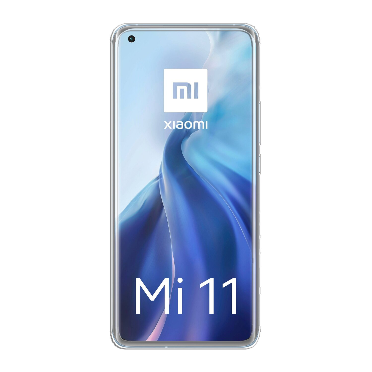 Telefon mit weißem Logo und den Worten Mi 11. Das Telefon befindet sich in einer transparenten Hülle.