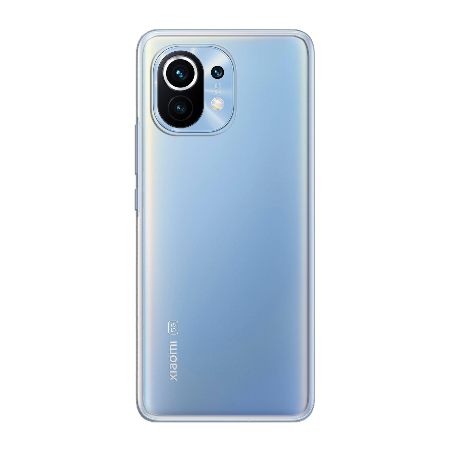 Die Rückseite eines hellblauen Xiaomi 5G-Telefons. Es hat eine Dreifachkamera.