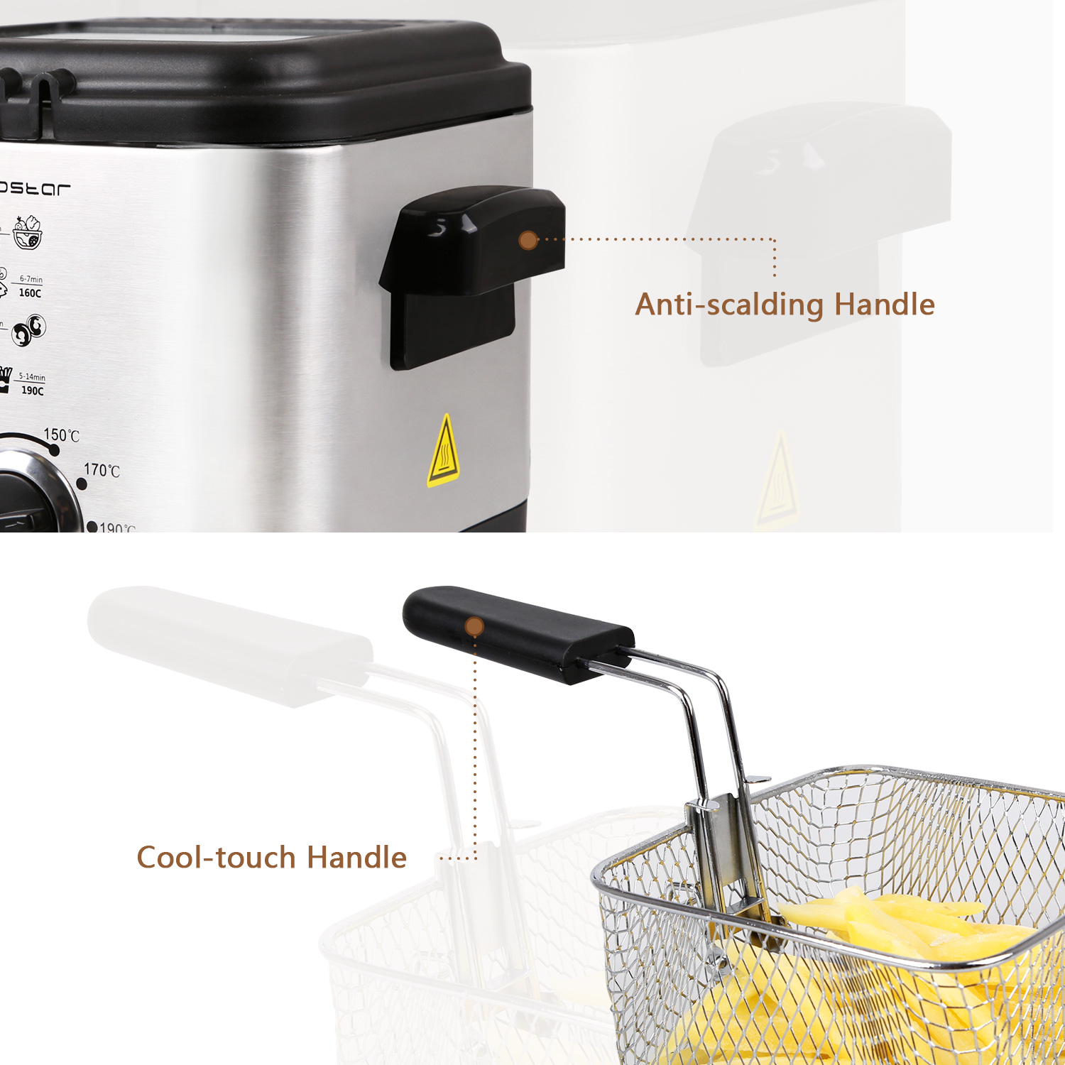 Nahaufnahme einer Fritteuse mit Griffen, die mit 'Verbrühungsschutz' und 'Cool-touch' beschriftet sind. Ein Korb mit Pommes Frites ist sichtbar.