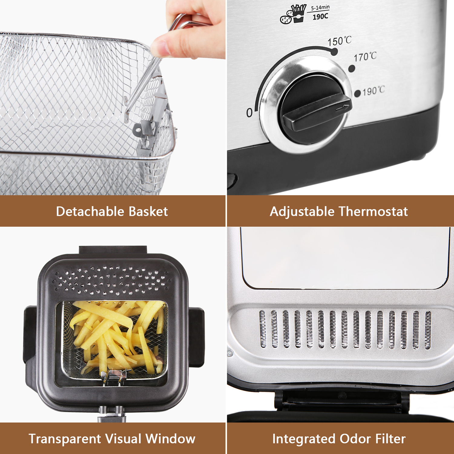 Vier Bilder, die eine Fritteuse zeigen. Korb, Thermostat, Pommes und Geruchsfilter.