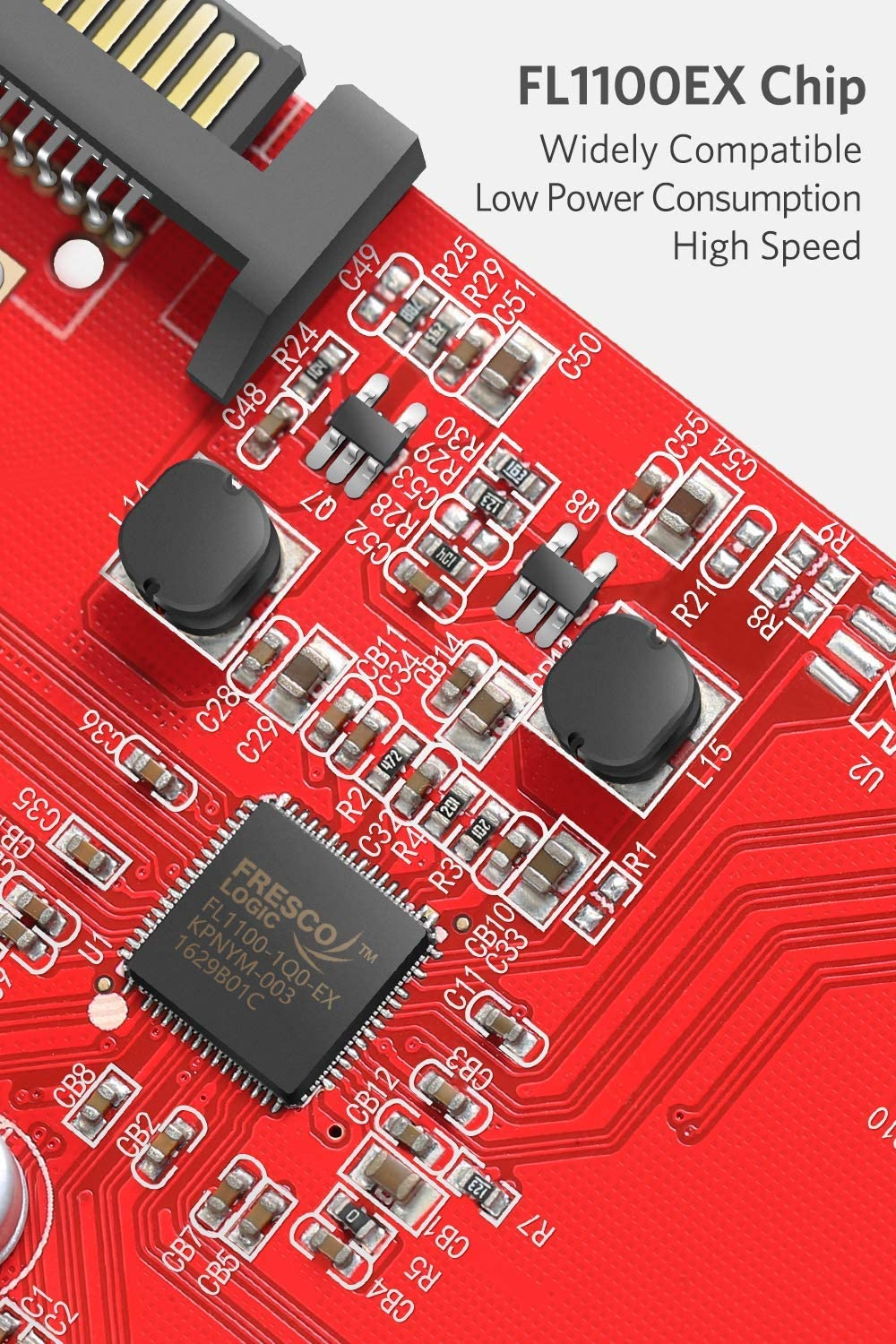 Nahaufnahme einer roten Leiterplatte mit Mikrochips und Komponenten. Fokus auf einem Fresco Logic Chip.