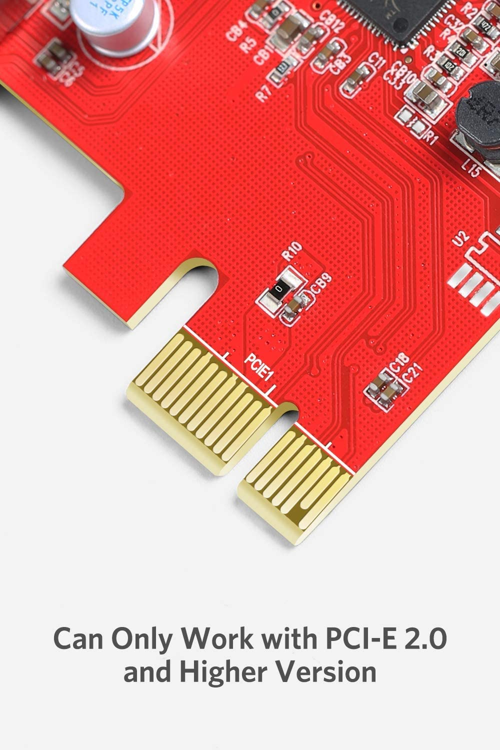Rote Leiterplatte mit goldenen Anschlüssen, beschriftet PCIe1. Text: Nur mit PCI-E 2.0 und höher funktionsfähig