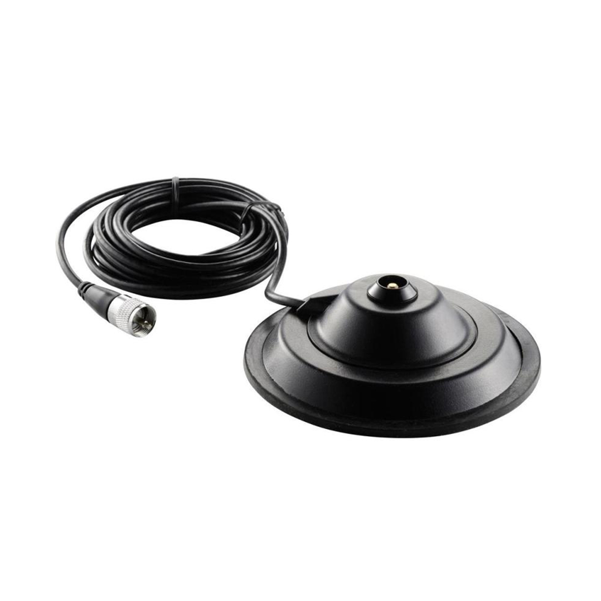 Ein schwarzer Mikrofonfuß mit Kabel und Stecker. Der Fuß ist kreisförmig und das Kabel ist aufgerollt.