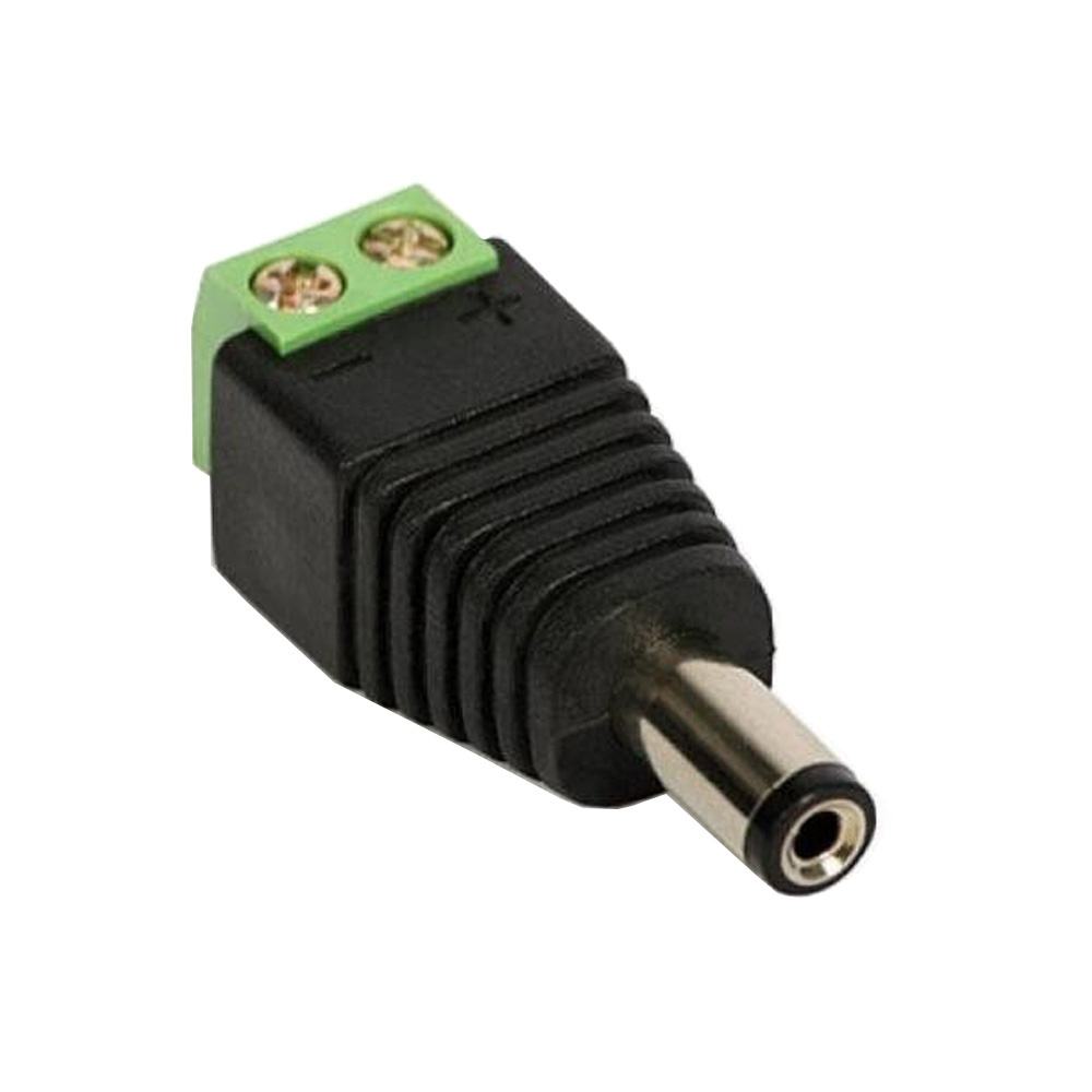 Schwarzer und grüner Stecker. Der Stecker ist ein Adapter. Grüner Teil hat Plus- und Minuszeichen.