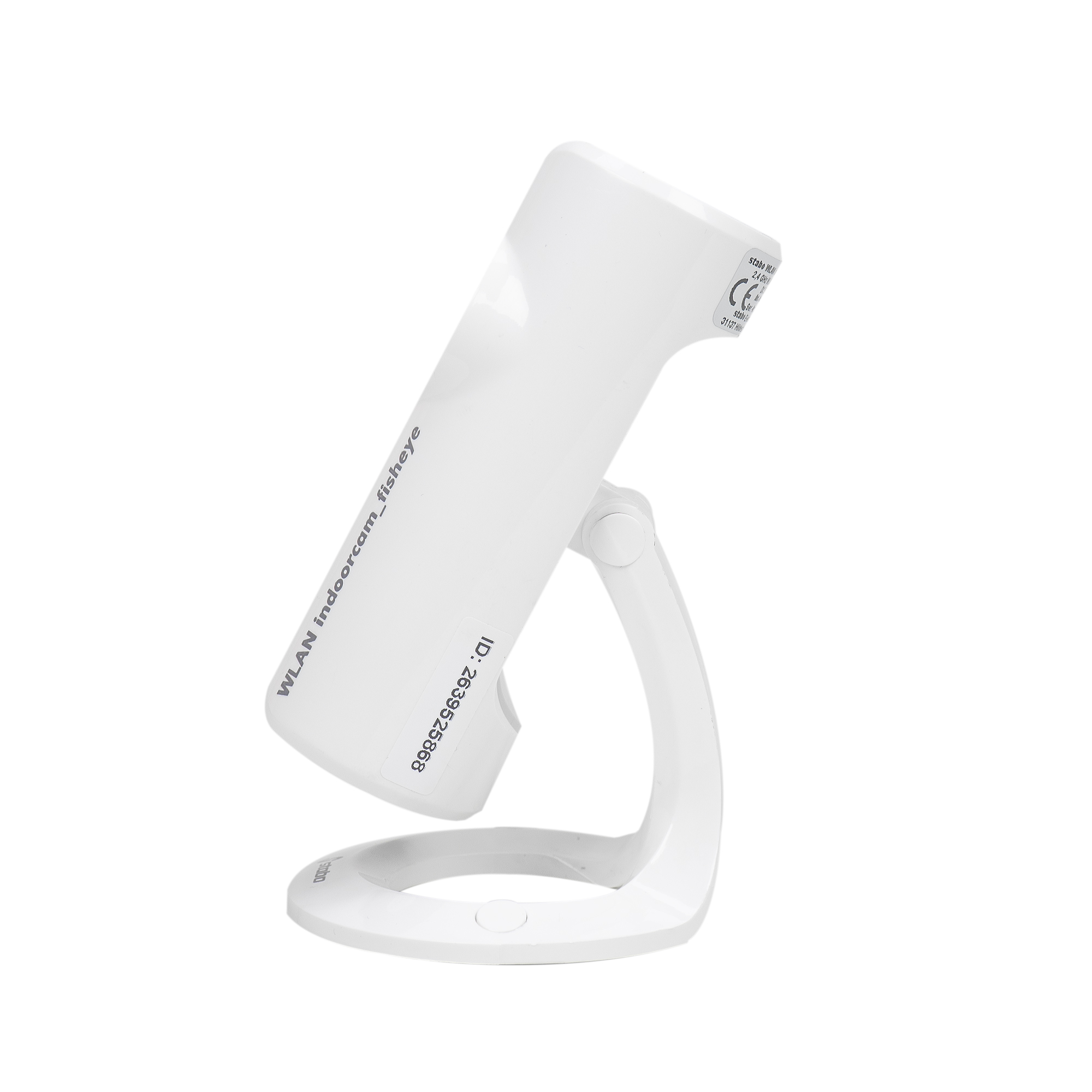 Telecamera da interno bianca su un supporto. Vista angolata, che mostra il lato. Sfondo bianco. Testo sul lato.