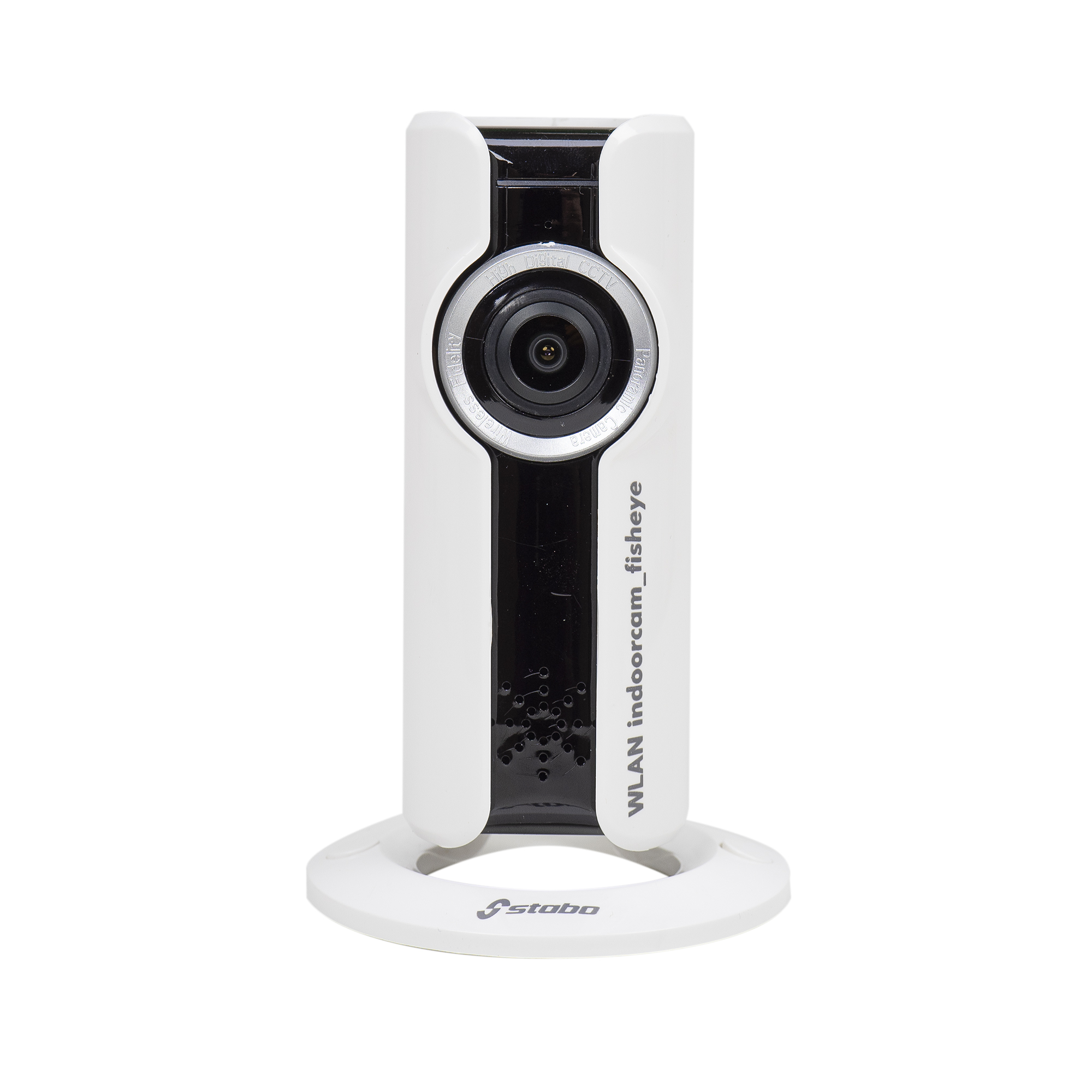 Telecamera da interno bianca e nera con base rotonda e obiettivo nero.