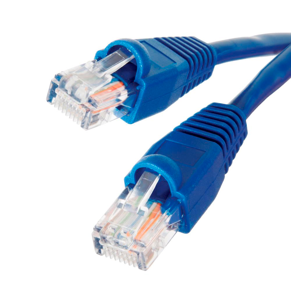 Blaues Ethernet-Kabel mit transparenten Steckern vor weißem Hintergrund.