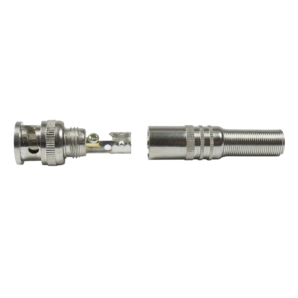 Zerlegter BNC-Stecker, der einen Stecker und eine Buchse zeigt.