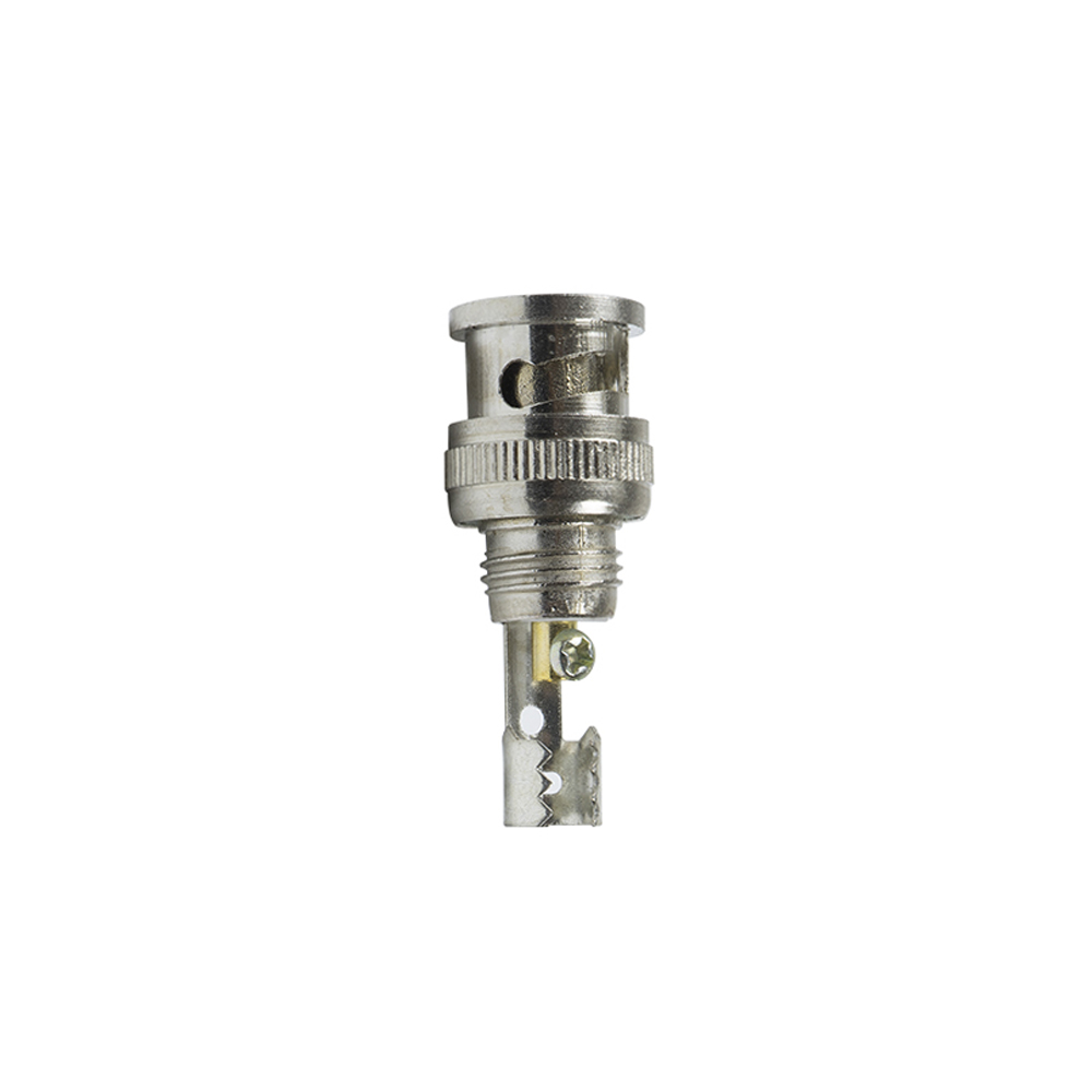 Ein silberner BNC-Stecker mit einer Schraube und einem kleinen Schlitz. Der Stecker befindet sich auf weißem Hintergrund.